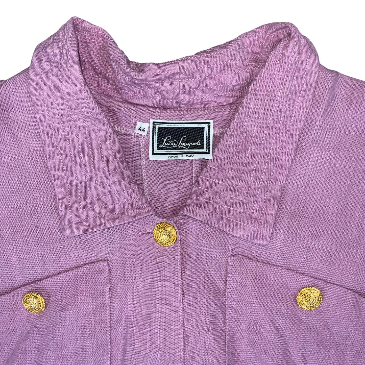 VTG 'LUISA SPAGNOLI' DESIGNER PINK LINEN PUFF SLEEVE GOLD BUTTON SHIRT DRESS 12