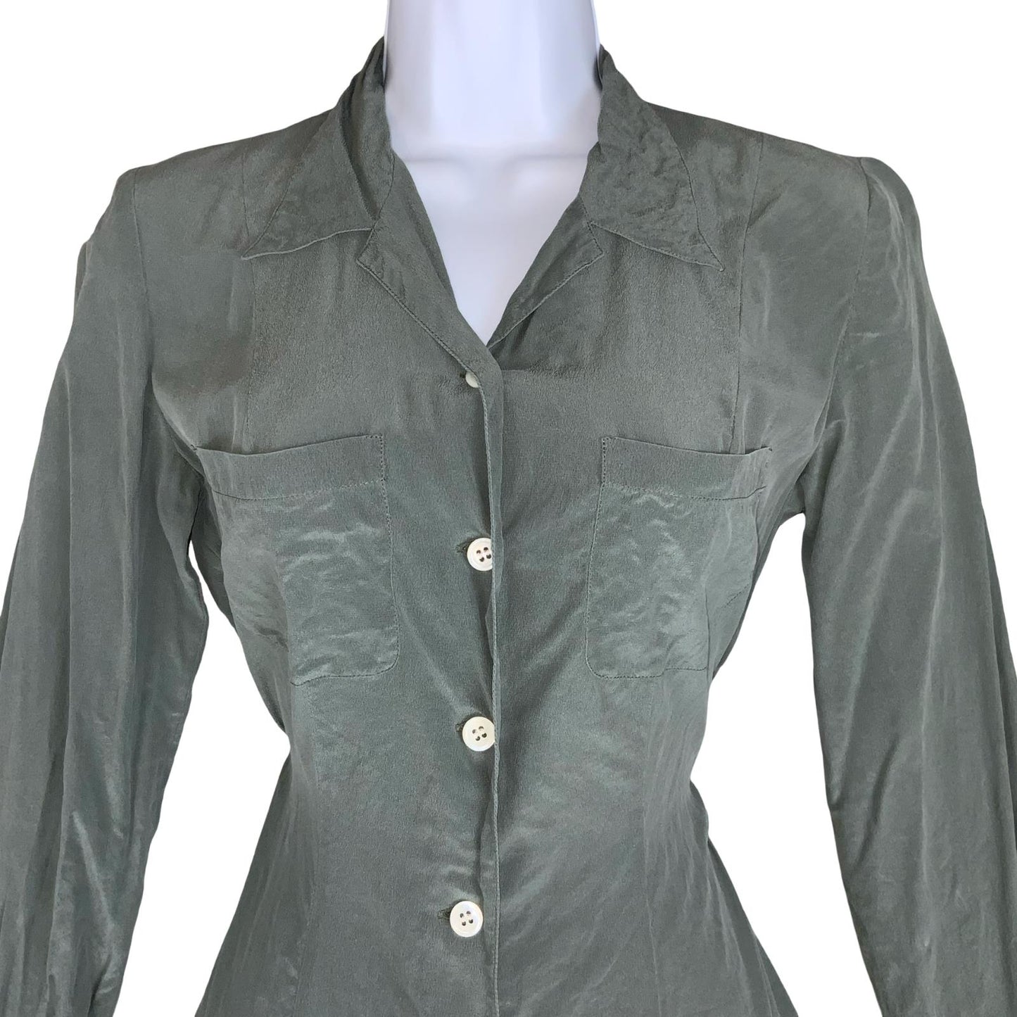 VTG 80s 'CACHAREL' GREEN LONG SLEEVED BUTTON DOWN CASUAL SILK SHIRT DRESS S 10
