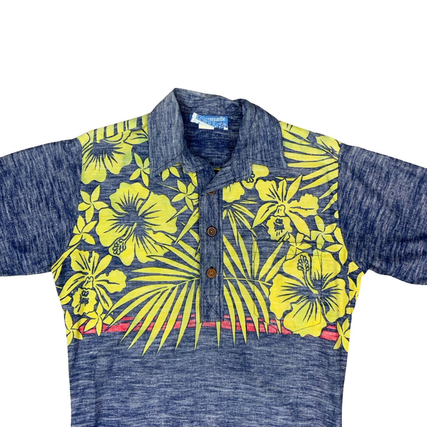 VTG 90S OCEAN PACIFIC SUNWEAR SURF REVERSE PRINT HAWAIIAN SMOCK POLO SHIRT SMALL