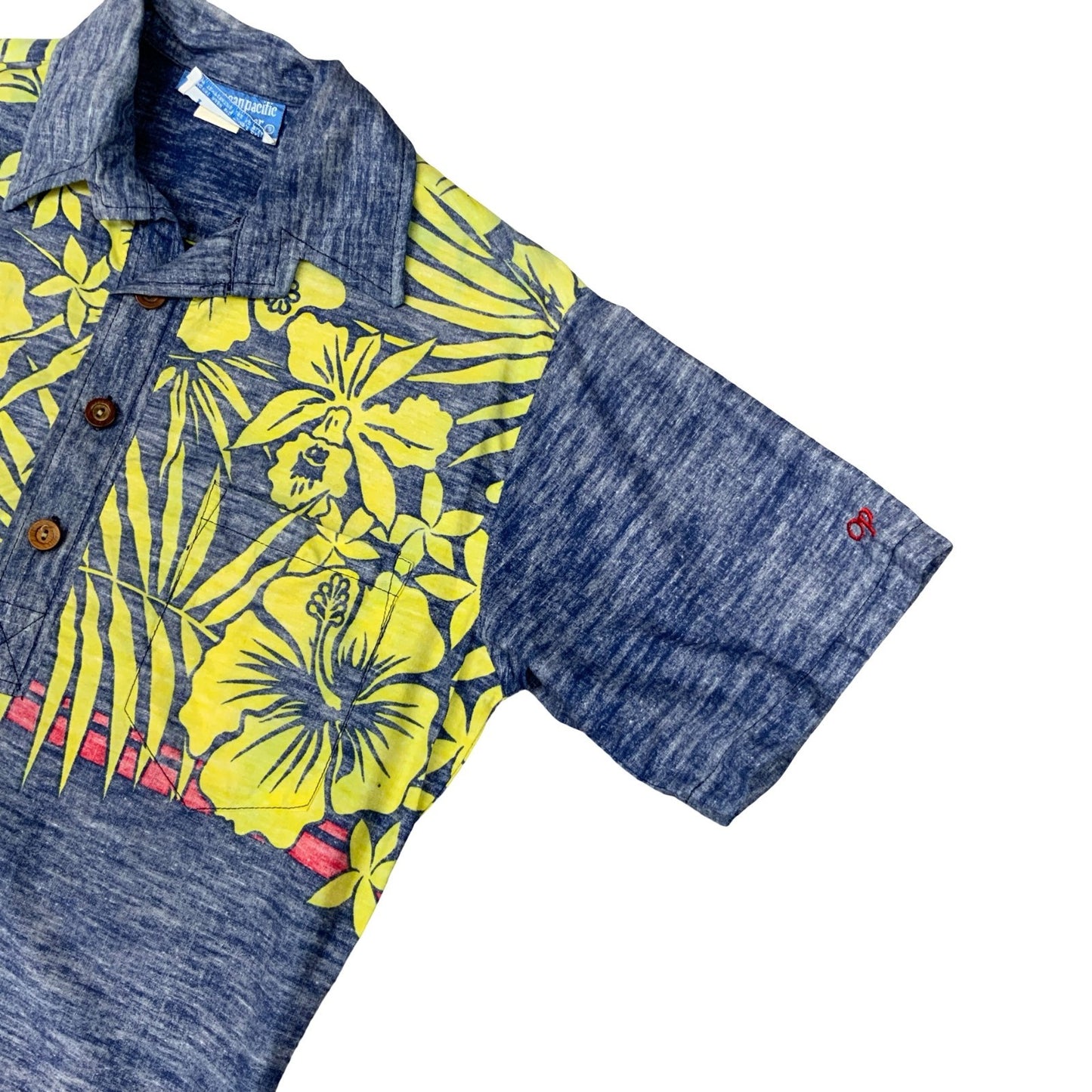 VTG 90S OCEAN PACIFIC SUNWEAR SURF REVERSE PRINT HAWAIIAN SMOCK POLO SHIRT SMALL