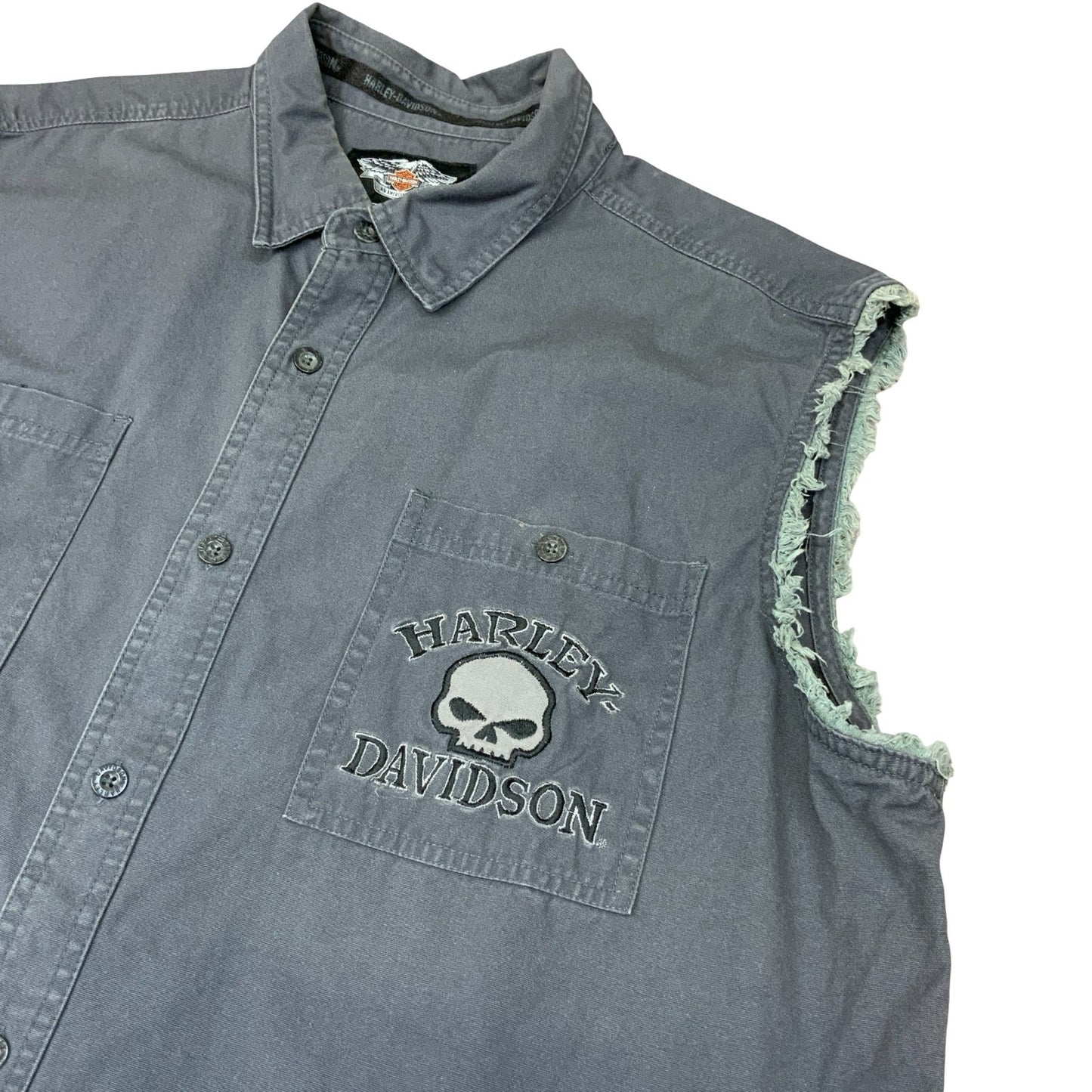 HARLEY DAVIDSON GREY BUTTON UP SLEEVELESS SHIRT EMBROIDERED DOUBLE SIDED XXL