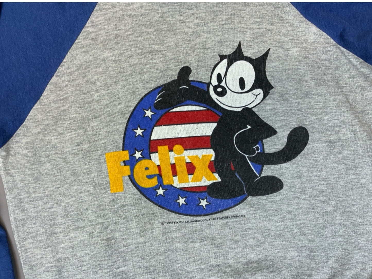 VTG 1984 GREY BLUE GENUINE FELIX THE CAT RAGLAN 80s BASEBALL SWEATSHIRT LARGE