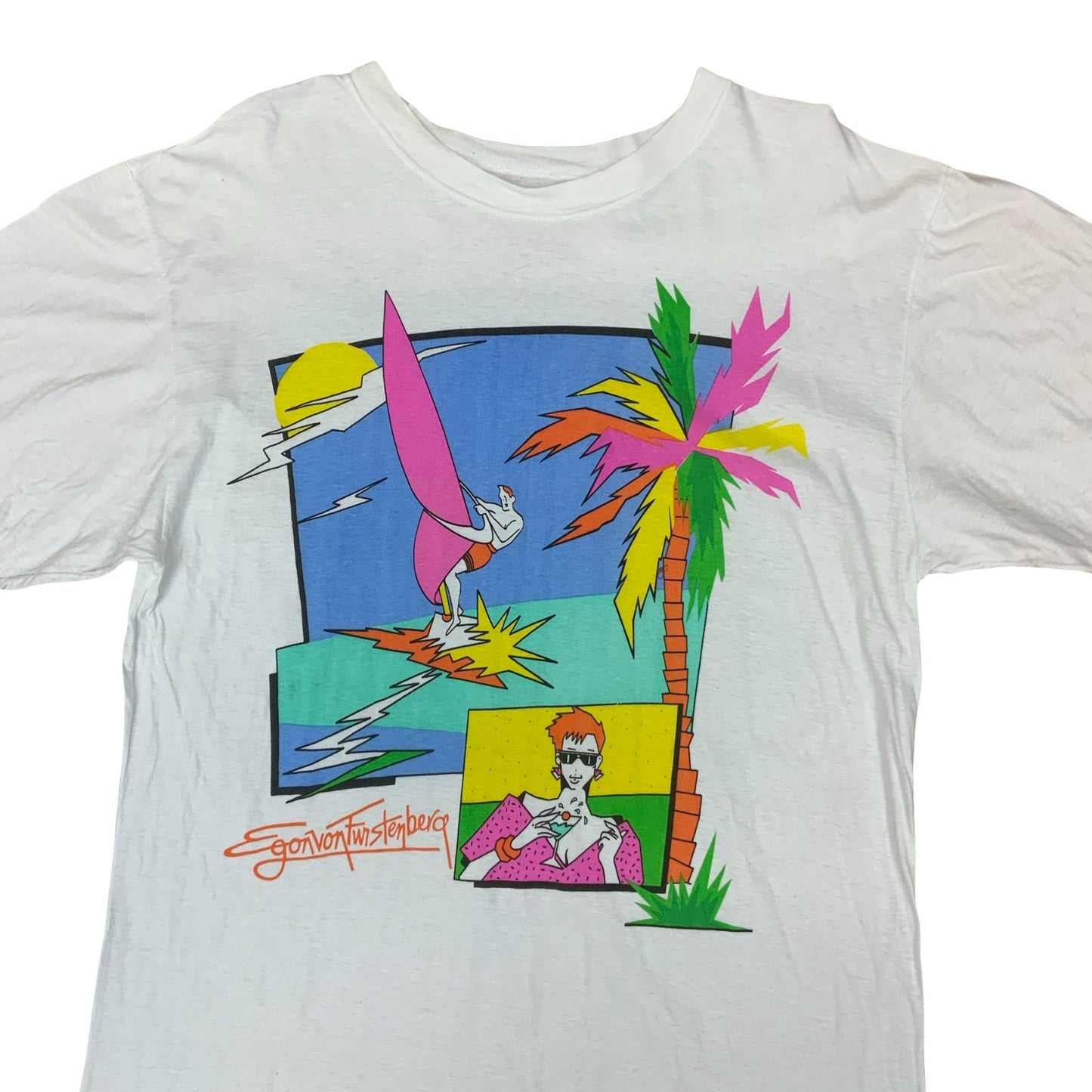 VTG 80S EGON VON FURSTENBERG WHITE GRAPHIC TEE EXTRA LARGE