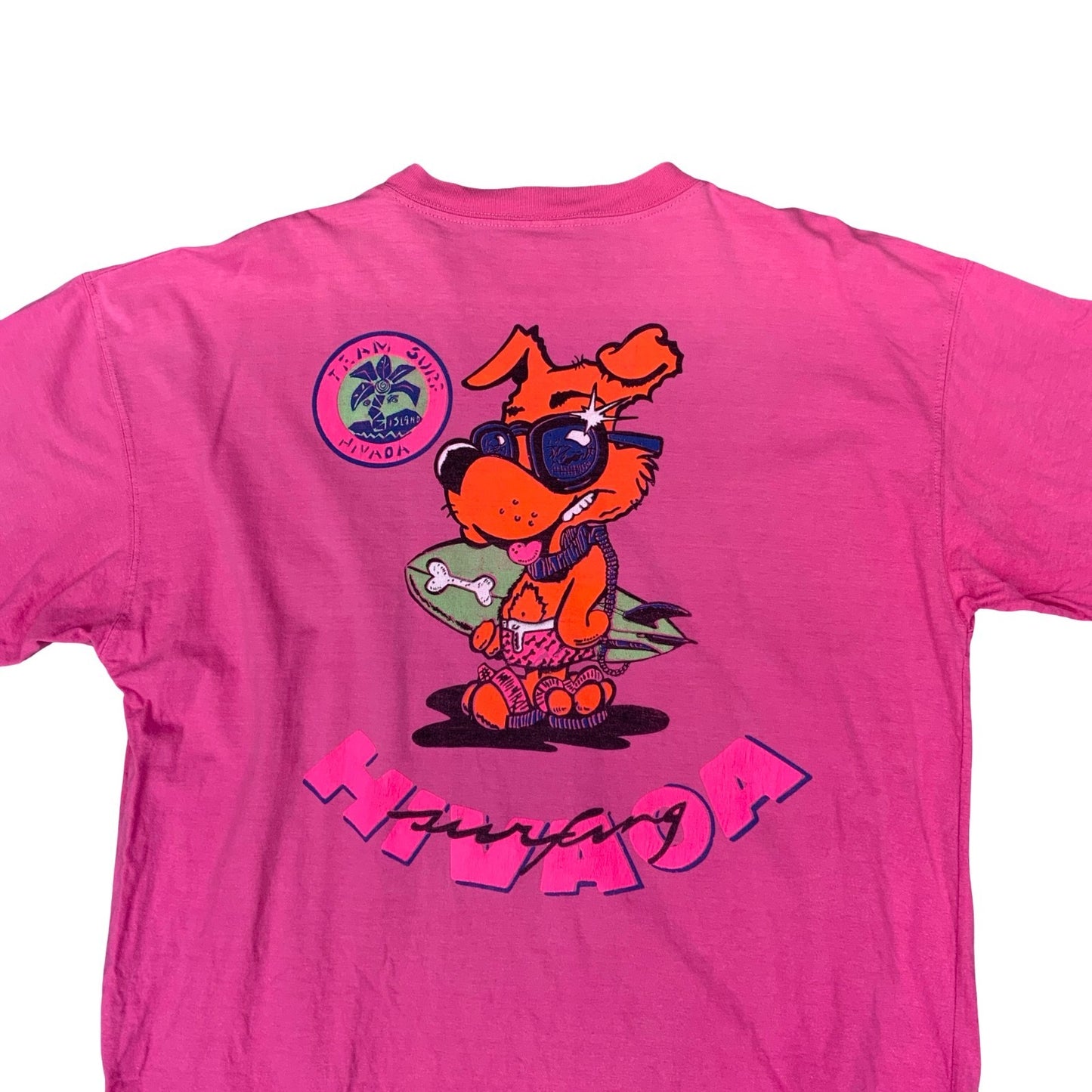 VTG 90S HIVA OA FRENCH POLYNESIA SURFING PINK GRAPHIC POCKET TEE EXTRA LARGE XL