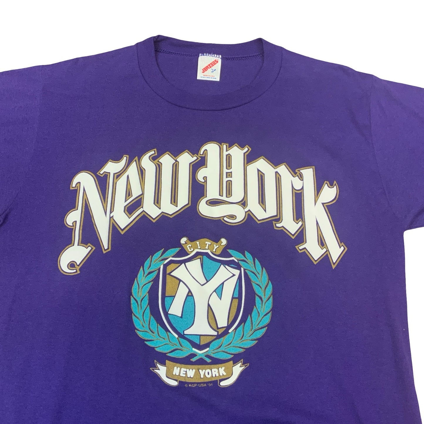 VTG 1991 JERZEES NEW YORK CITY USA PURPLE SINGLE STITCH GRAPHIC TEE LARGE