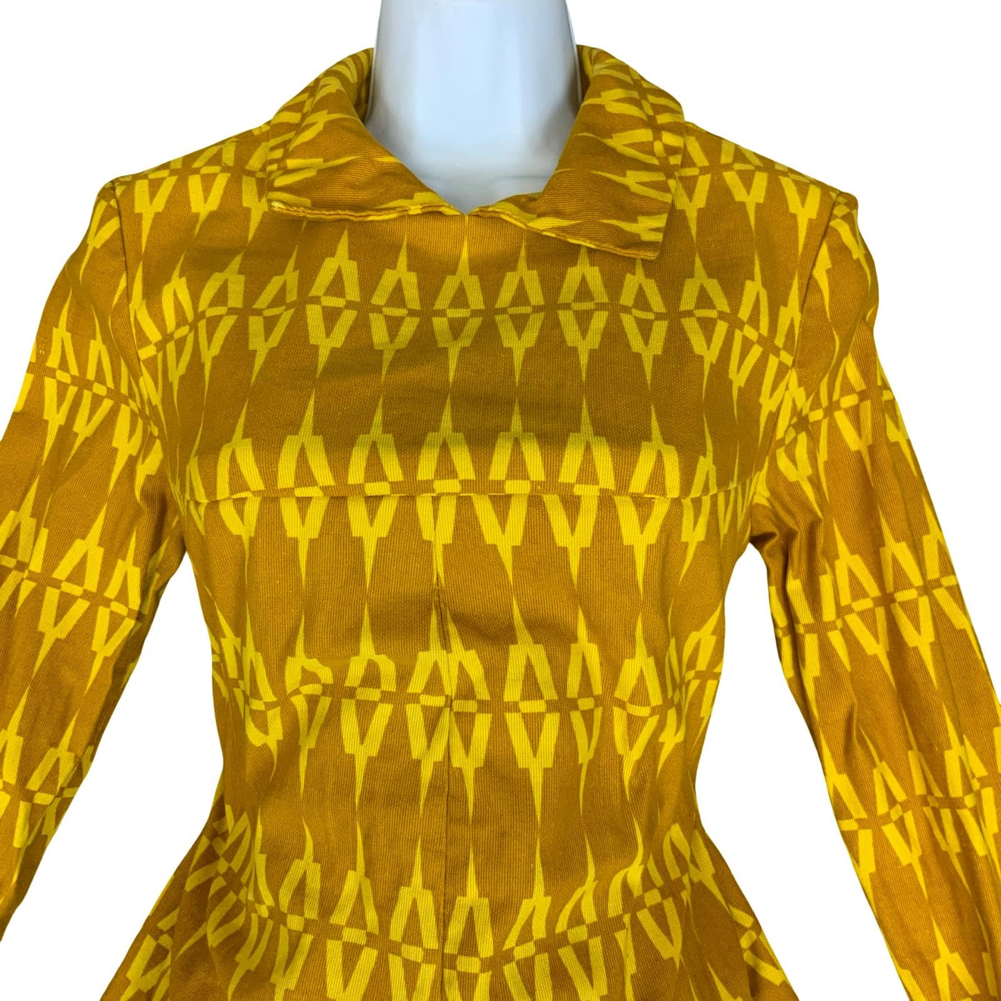 VTG 60s 70s 'JOLLY' YELLOW GOLD GEOMETRIC PATTERN LONG SLEEVED SHIFT DRESS M 12