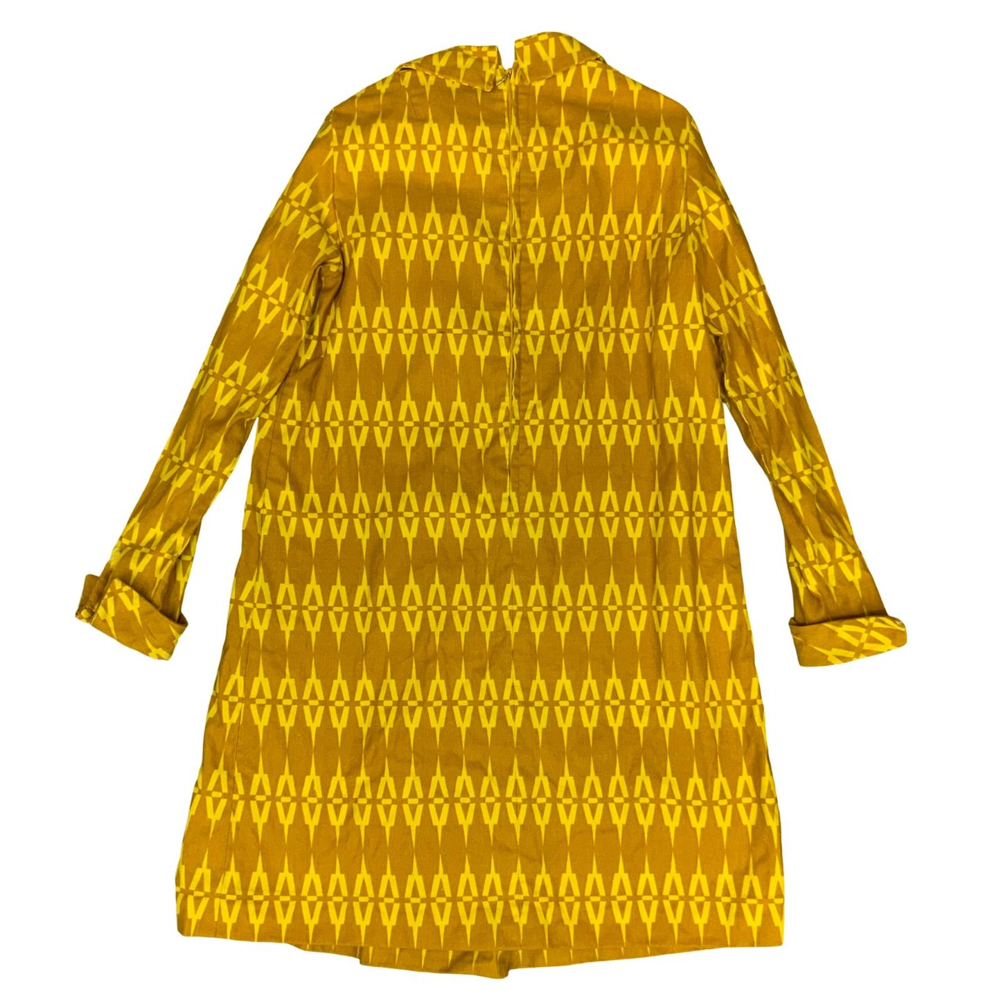 VTG 60s 70s 'JOLLY' YELLOW GOLD GEOMETRIC PATTERN LONG SLEEVED SHIFT DRESS M 12