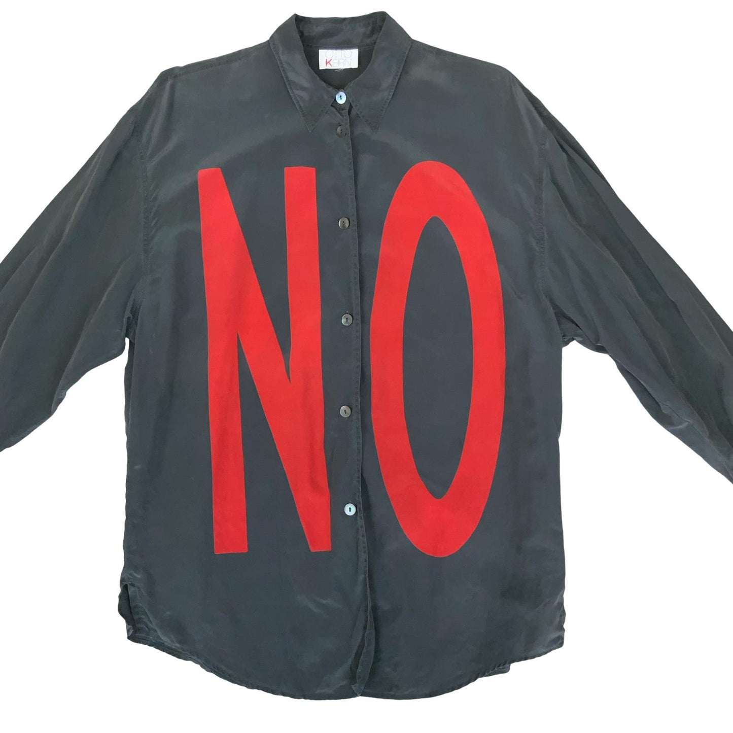 VTG 80s 'OTTO KERN' GREN OVERSIZED YES NO GRAPHIC PUNK SILK STATEMENT SHIRT L