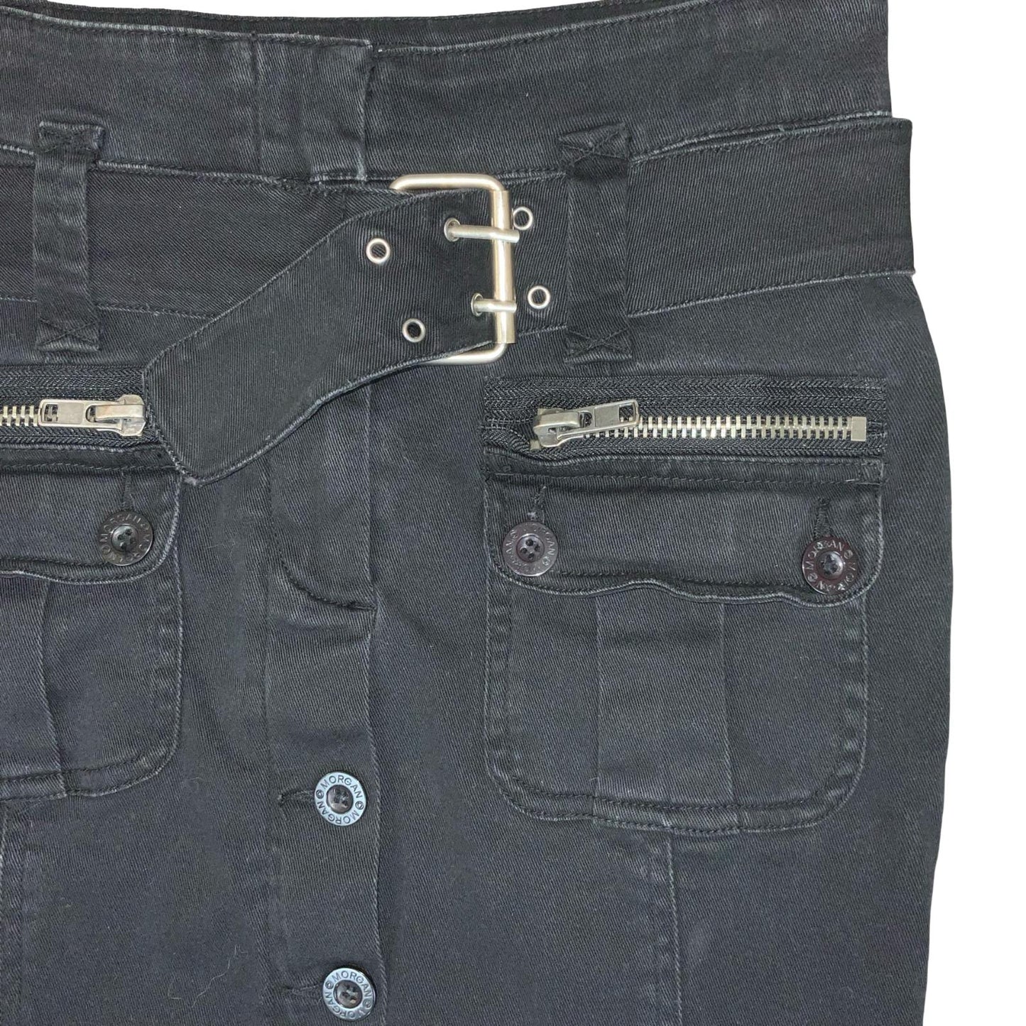 VTG 90s y2k 'MORGAN DE TOI' BLACK MID-RISE BELTED DENIM CARGO PENCIL SKIRT S 10