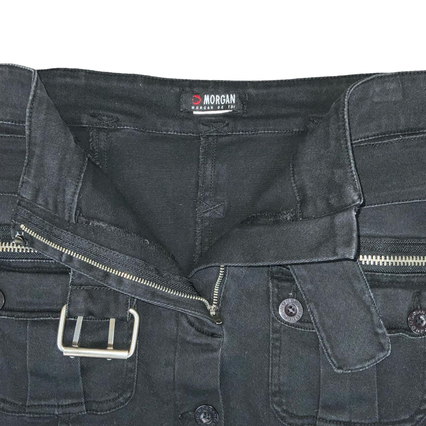 VTG 90s y2k 'MORGAN DE TOI' BLACK MID-RISE BELTED DENIM CARGO PENCIL SKIRT S 10