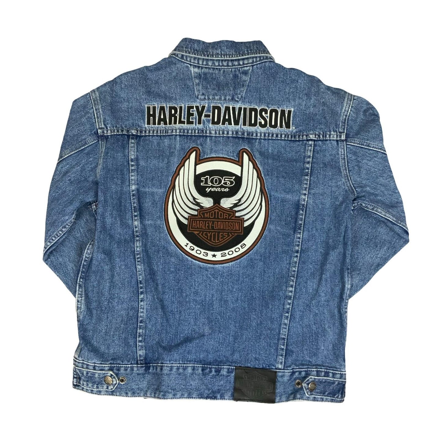 Y2K HARLEY DAVIDSON 1903-2008 105TH ANNIVERSARY BLUE EMBROIDERED DENIM JACKET XL