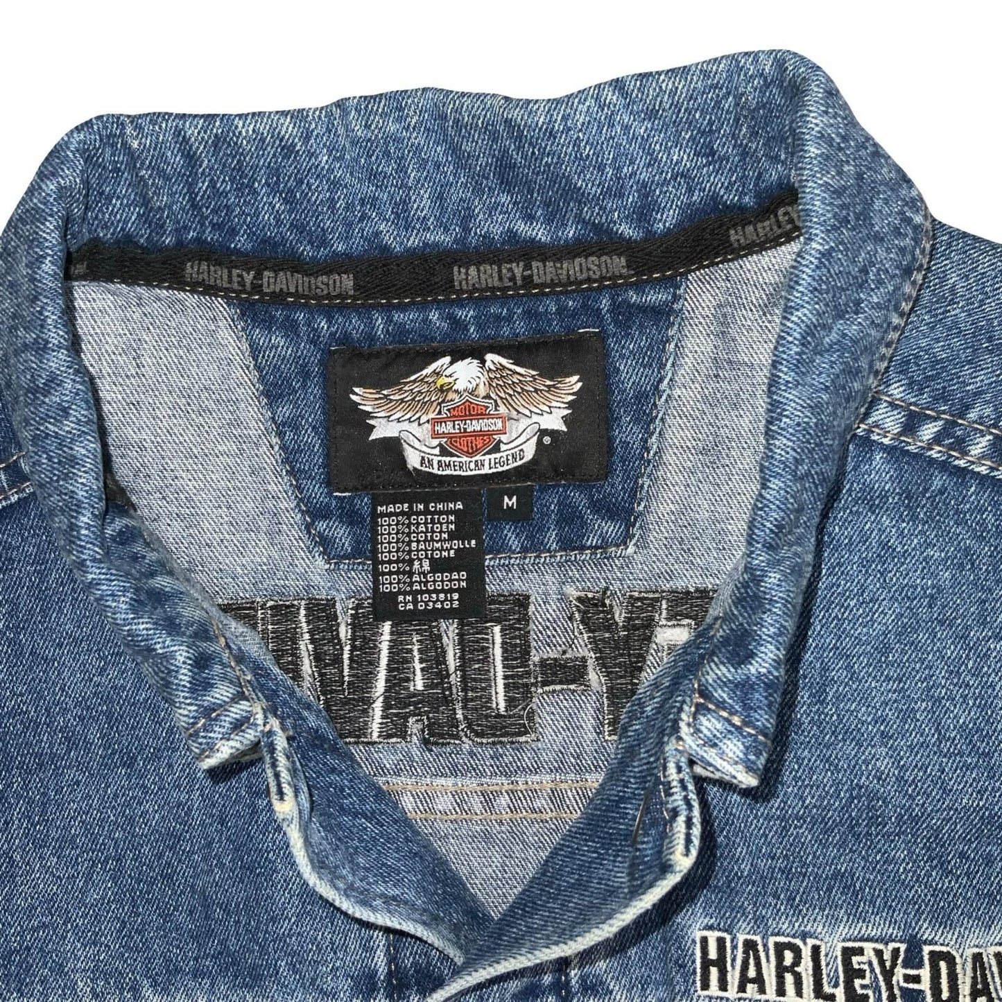 Y2K HARLEY DAVIDSON 1903-2008 105TH ANNIVERSARY BLUE EMBROIDERED DENIM JACKET XL