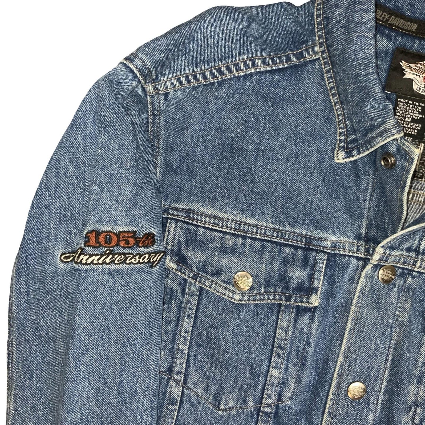 Y2K HARLEY DAVIDSON 1903-2008 105TH ANNIVERSARY BLUE EMBROIDERED DENIM JACKET XL