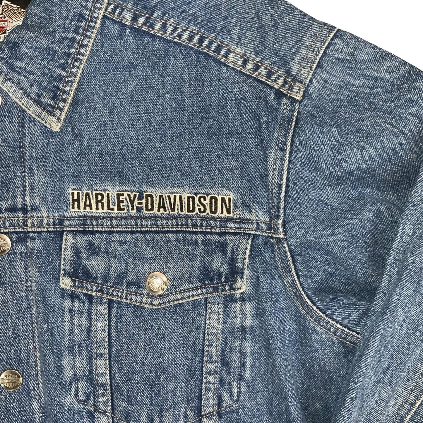 Y2K HARLEY DAVIDSON 1903-2008 105TH ANNIVERSARY BLUE EMBROIDERED DENIM JACKET XL