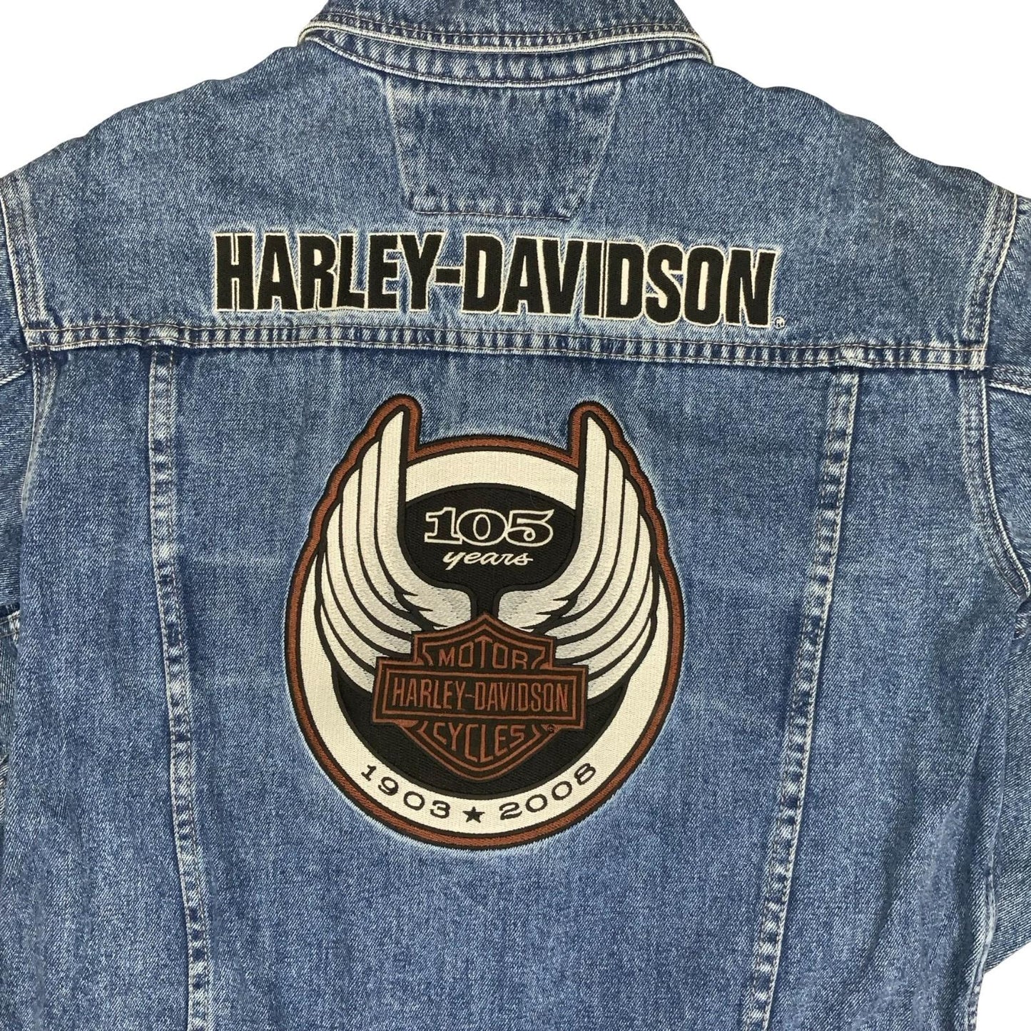Y2K HARLEY DAVIDSON 1903-2008 105TH ANNIVERSARY BLUE EMBROIDERED DENIM JACKET XL