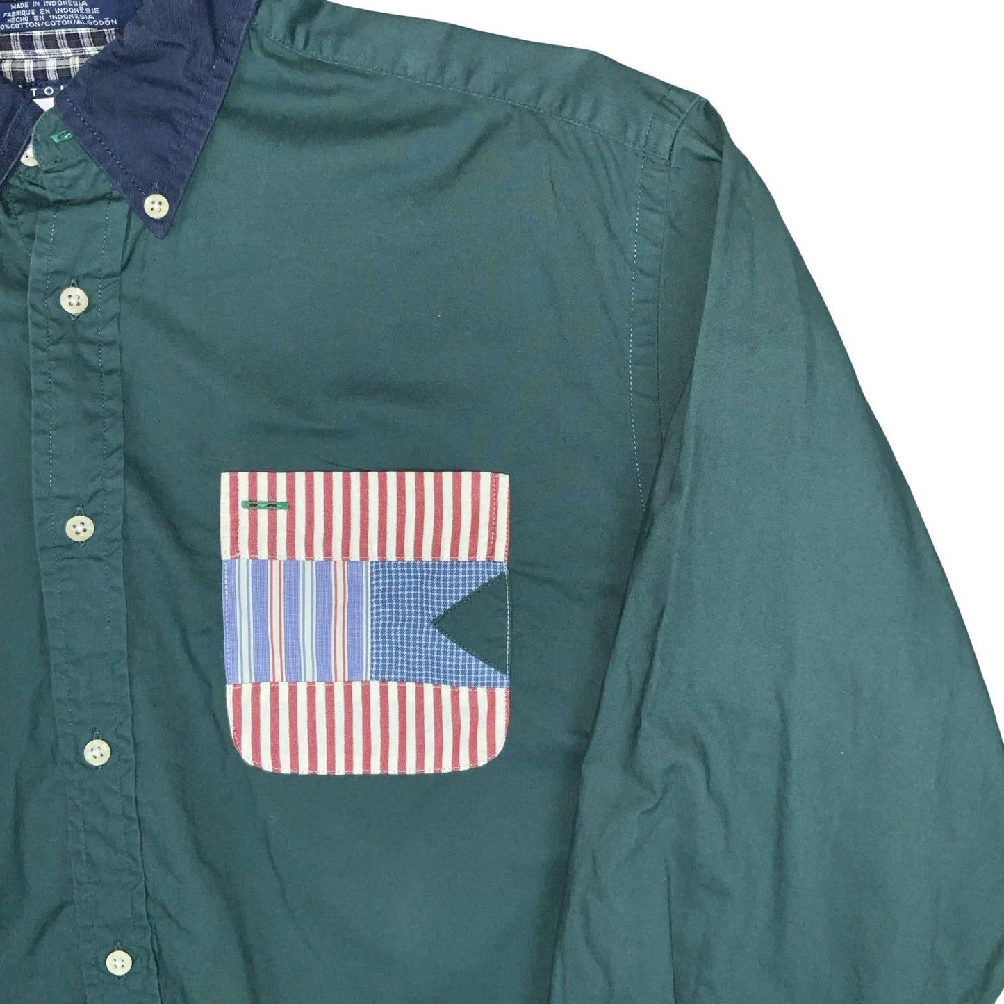 VTG 90s 'TOMMY HILFIGER' COTTON GREEN BLUE AMERICAN FLAG BUTTON-DOWN SHIRT L