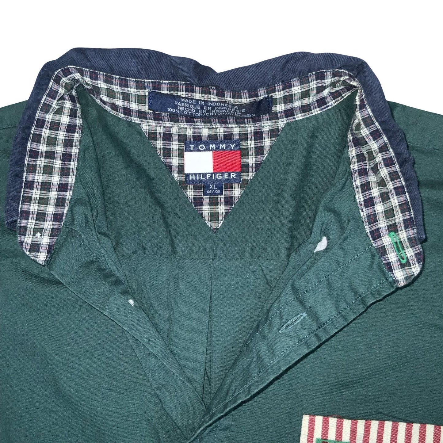 VTG 90s 'TOMMY HILFIGER' COTTON GREEN BLUE AMERICAN FLAG BUTTON-DOWN SHIRT L