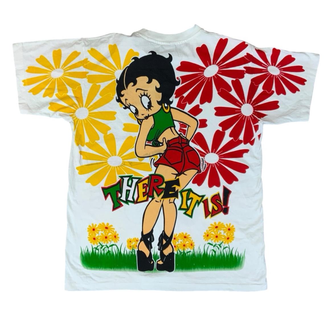 VTG 1990s SINGLE STITCH AOP BETTY BOOP T SHIRT MULTI COLOUR FRONT & BACK PRINT L