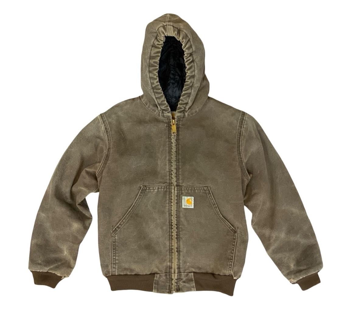 VTG CHILDS USA CARHARTT BROWN DUCK CANVAS WORKWEAR JACKET QUILTED LINED KIDS MED