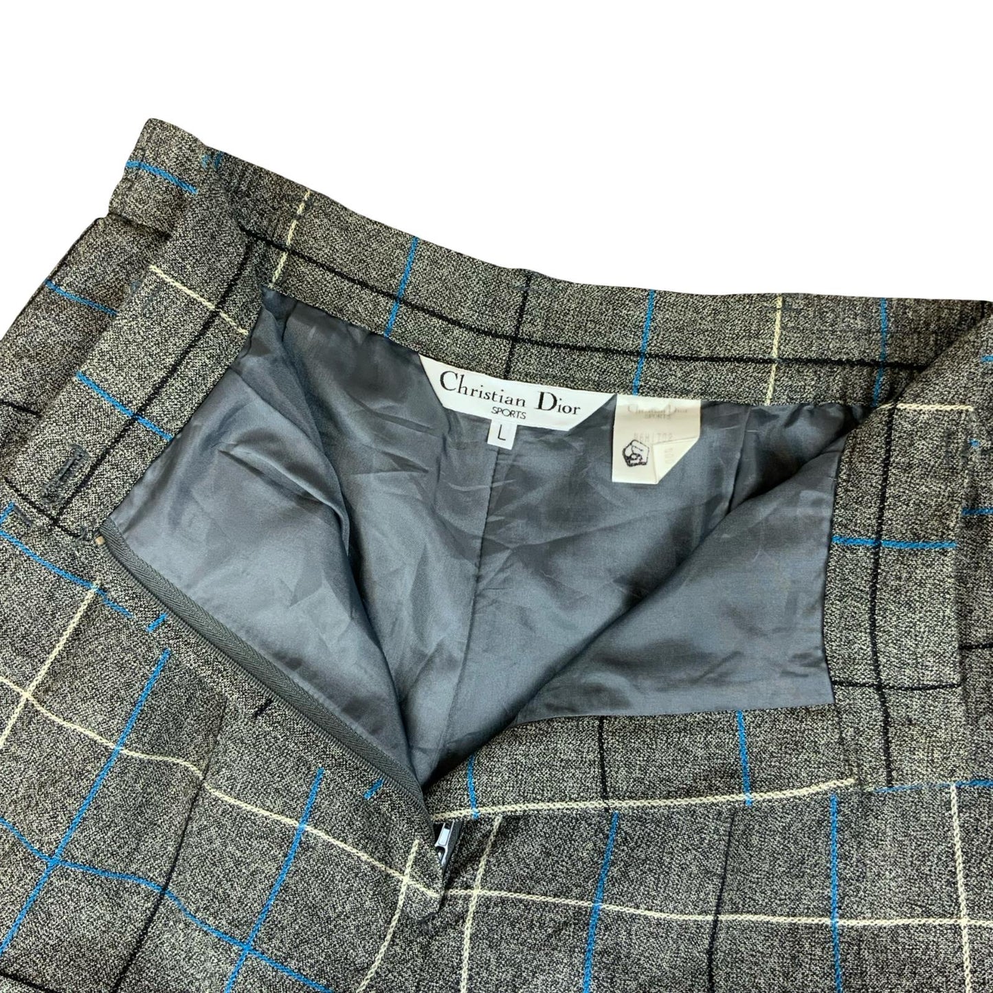 VTG 'CHRISTIAN DIOR' GREY WHITE BLUE PLAID HIGH-WAISTED WOOL LINED SHORTS 10