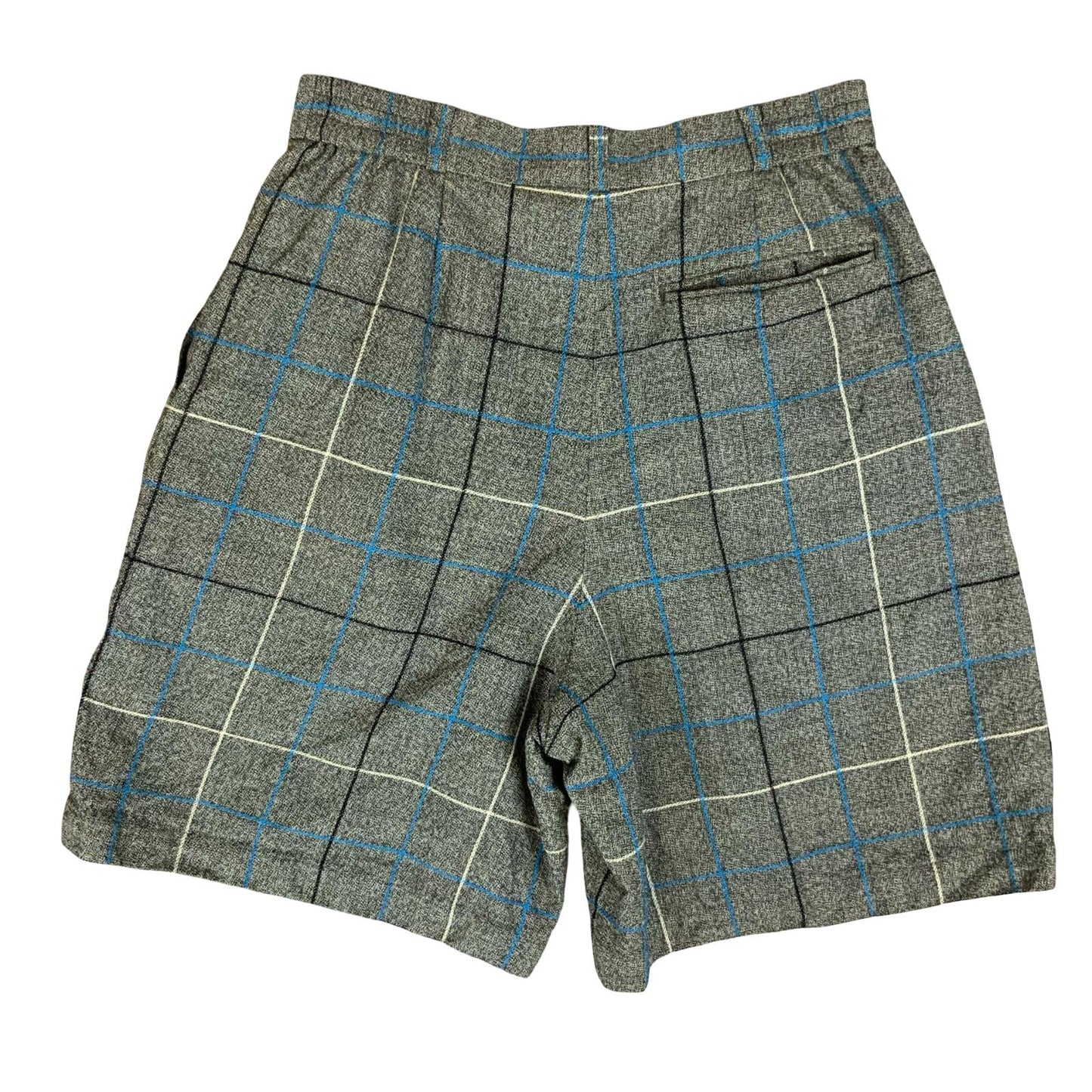 VTG 'CHRISTIAN DIOR' GREY WHITE BLUE PLAID HIGH-WAISTED WOOL LINED SHORTS 10