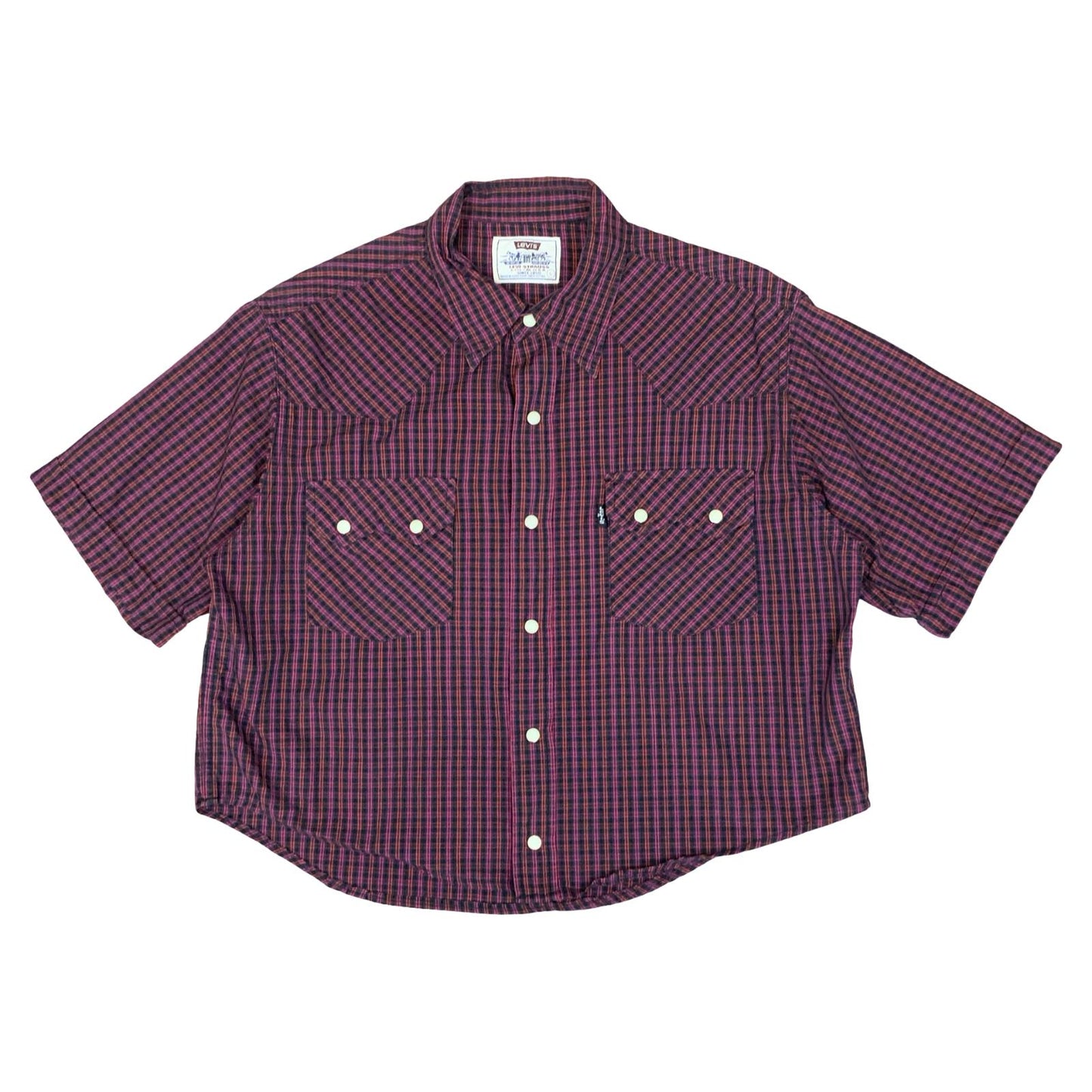 VTG 90s 'LEVI'S' RED BLACK CHECKED SHORT SLEEVED CROPPED WESTERN SHIRT L 16