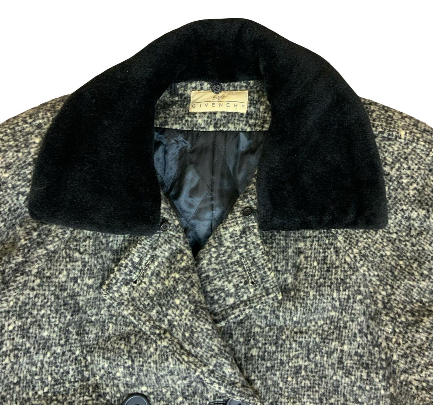 VTG 80s 90s 'GIVENCHY' GREY TWEED WOOL DETACHABLE COLLAR QUILT LINED COAT XXL