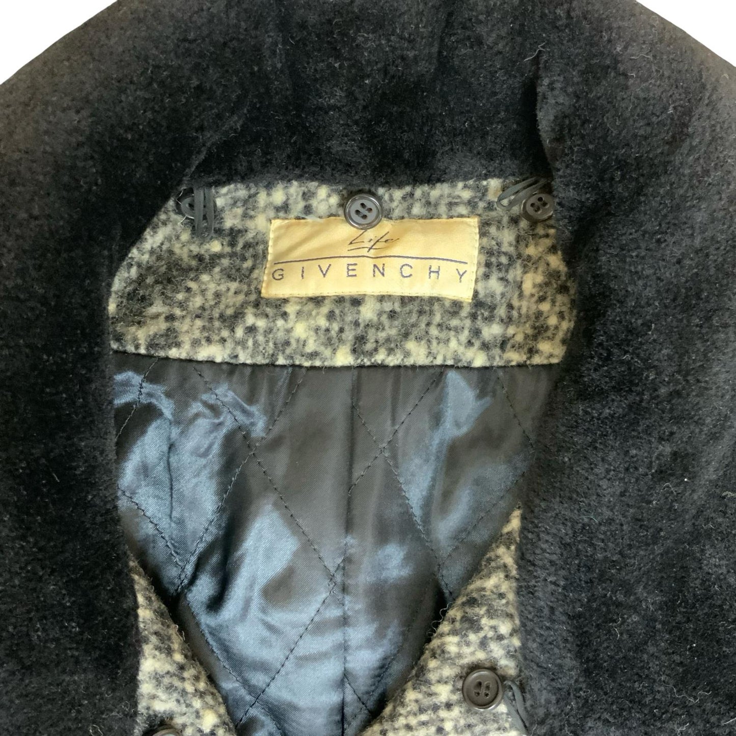 VTG 80s 90s 'GIVENCHY' GREY TWEED WOOL DETACHABLE COLLAR QUILT LINED COAT XXL