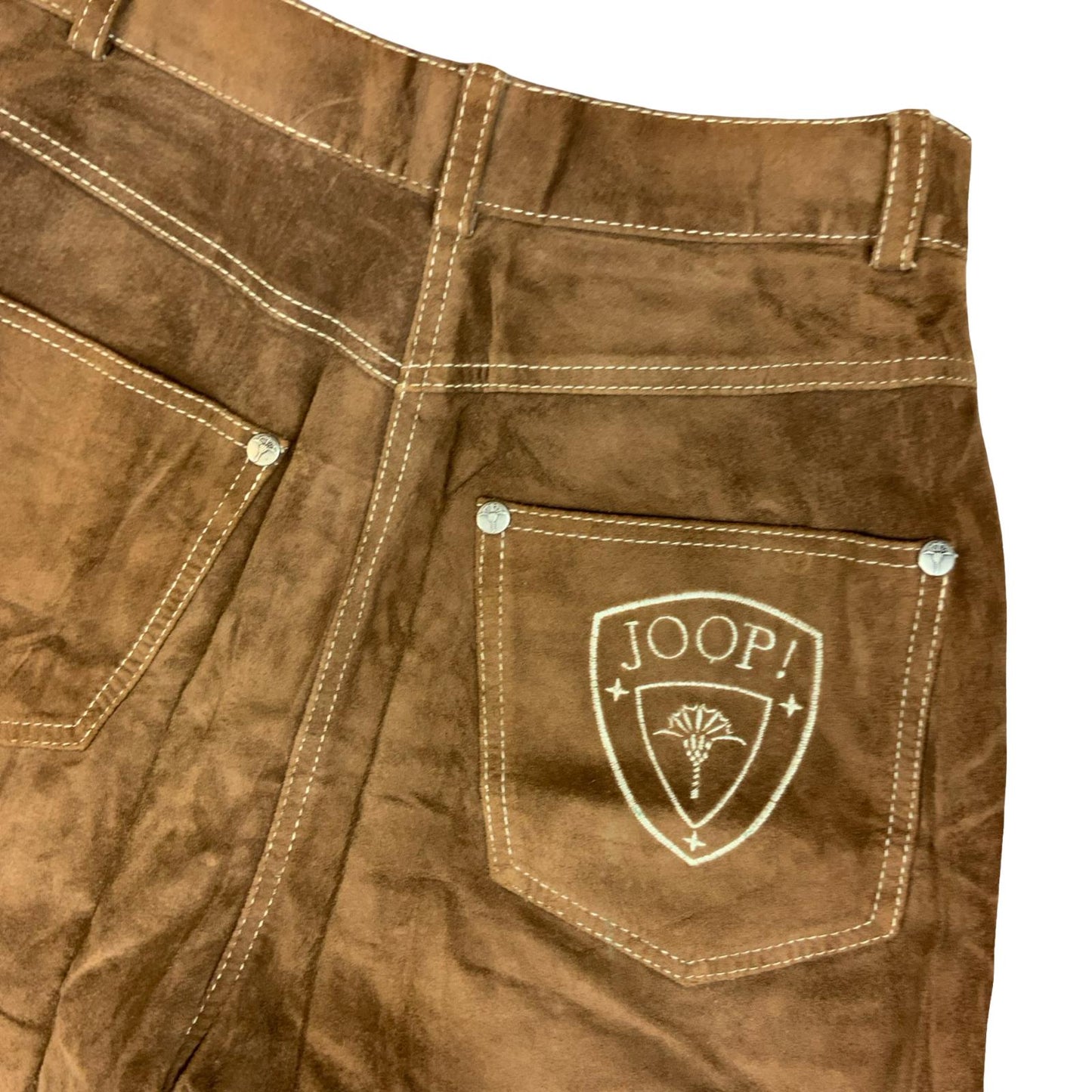VTG 90s 'JOOP!' BROWN GENUINE SUEDE HIGH-WAISTED WESTERN SHORTS S 10