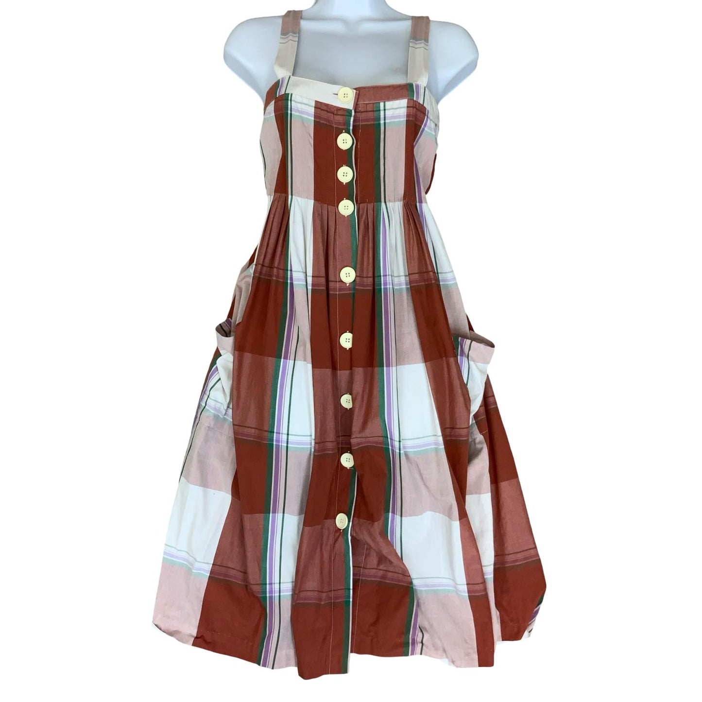 VTG 'CACHAREL' TARTAN RED WHITE PINAFORE STYLE POCKETS ELEGANT SUNDRESS S 8