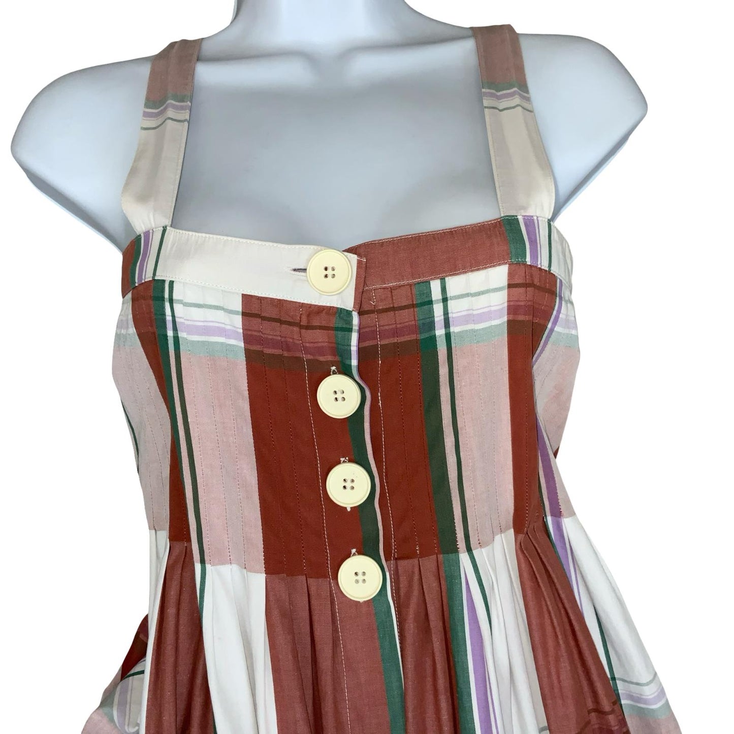 VTG 'CACHAREL' TARTAN RED WHITE PINAFORE STYLE POCKETS ELEGANT SUNDRESS S 8