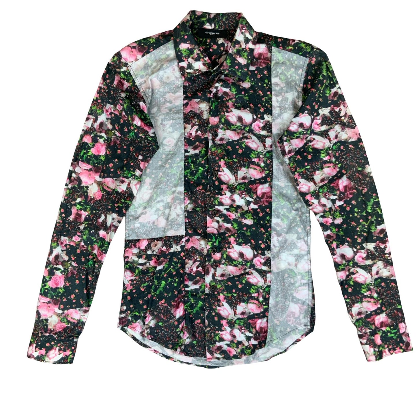 VTG 2014 'GIVENCHY' BLACK PINK FLORAL ROSE FAUX PATCHWORK LONG SLEEVED SHIRT S