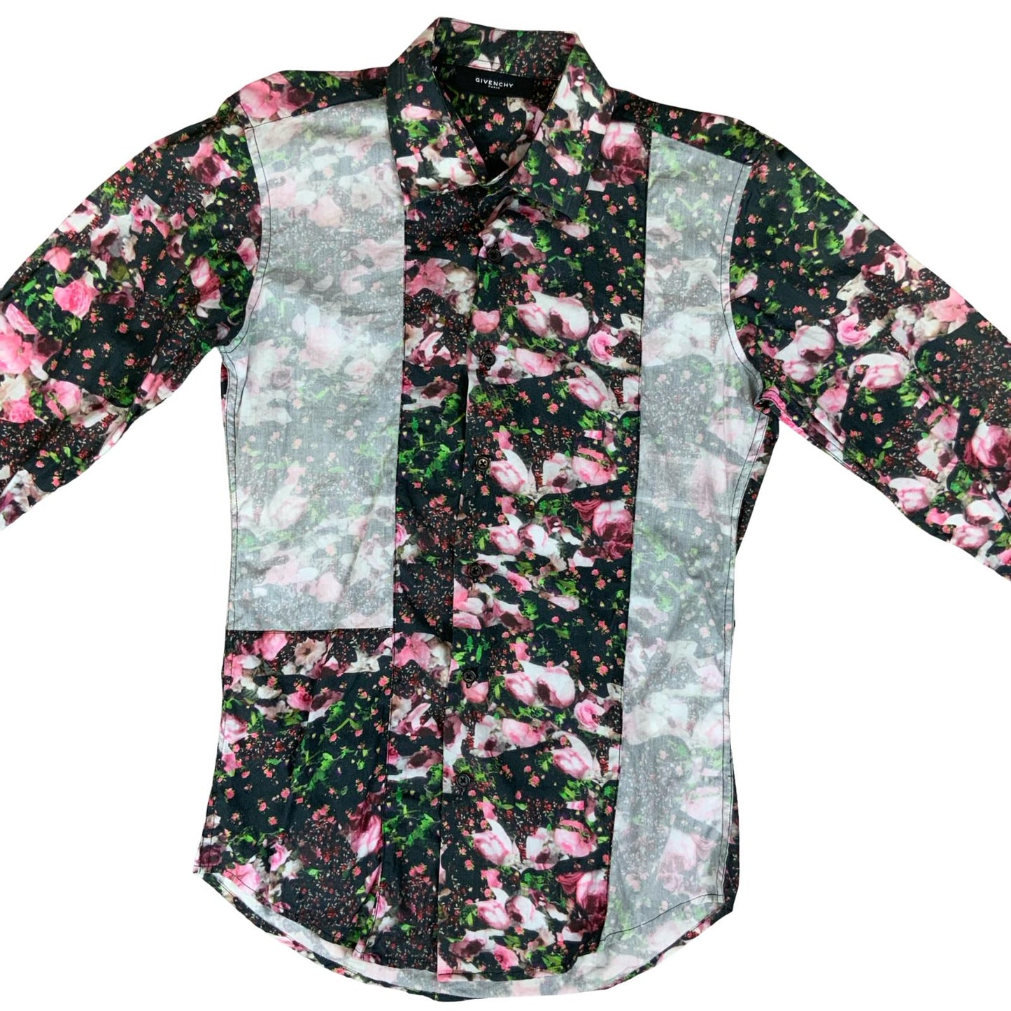 VTG 2014 'GIVENCHY' BLACK PINK FLORAL ROSE FAUX PATCHWORK LONG SLEEVED SHIRT S