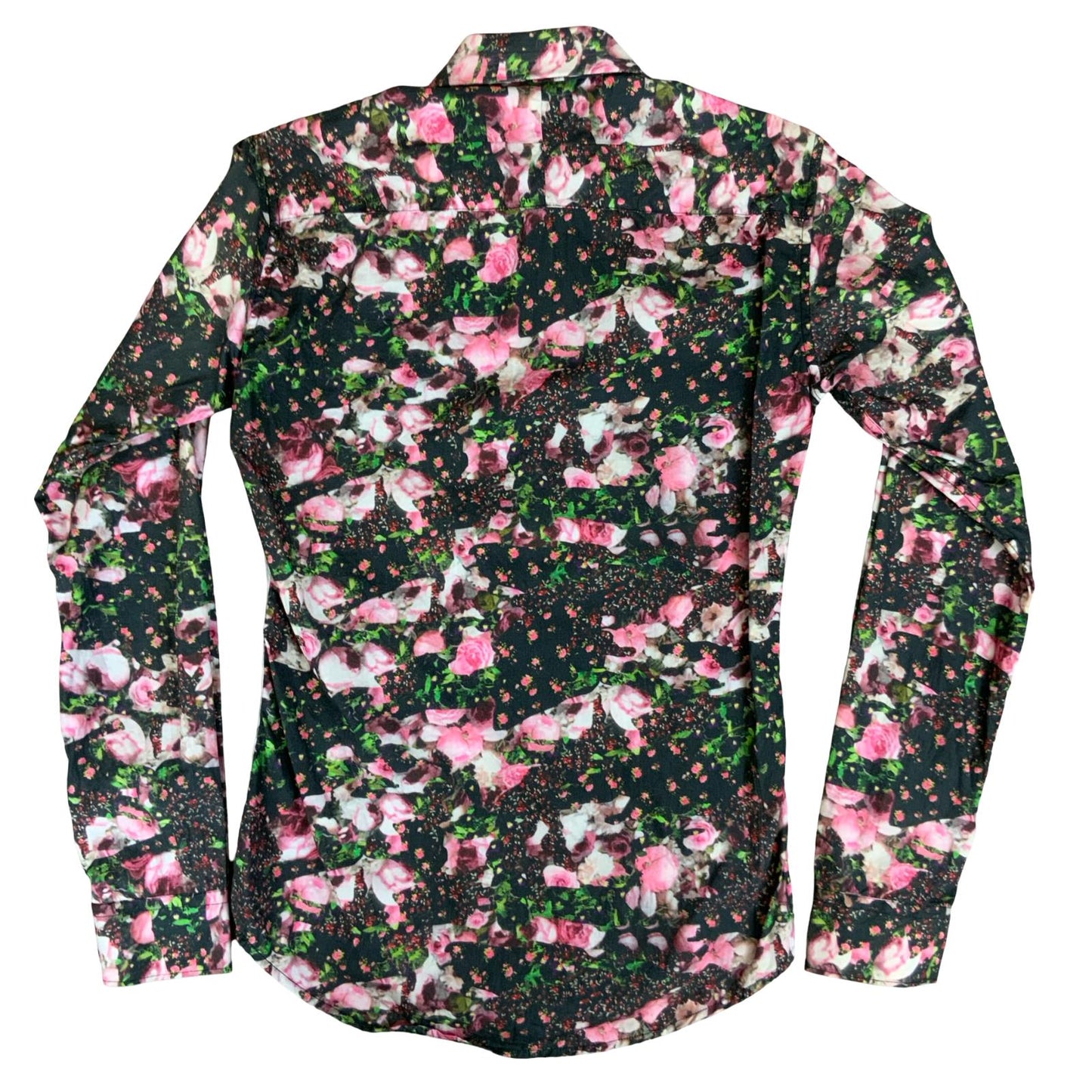 VTG 2014 'GIVENCHY' BLACK PINK FLORAL ROSE FAUX PATCHWORK LONG SLEEVED SHIRT S