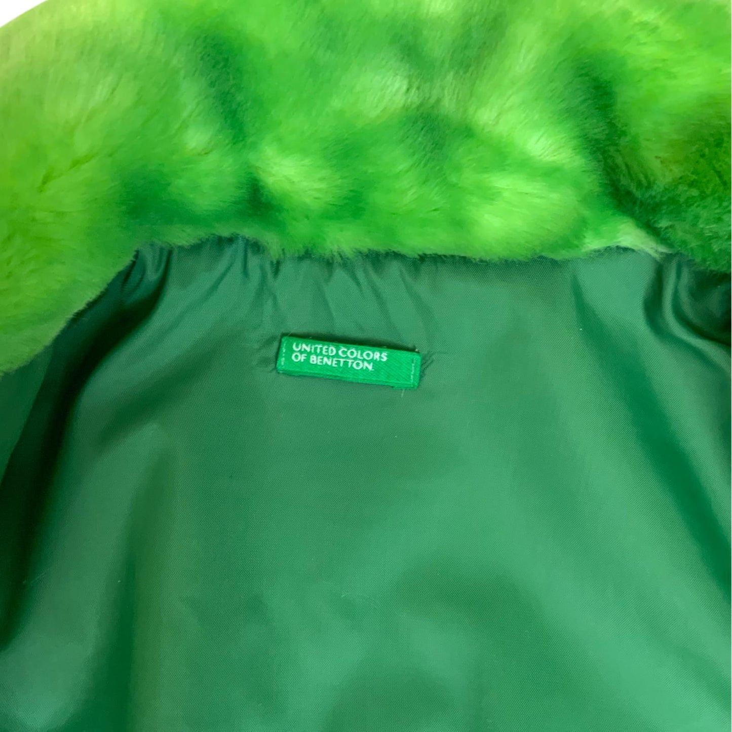 VTG 90s 'UNITED COLORS OF BENETTON' LIME GREEN FAUX FUR LINED STATEMENT JACKET S