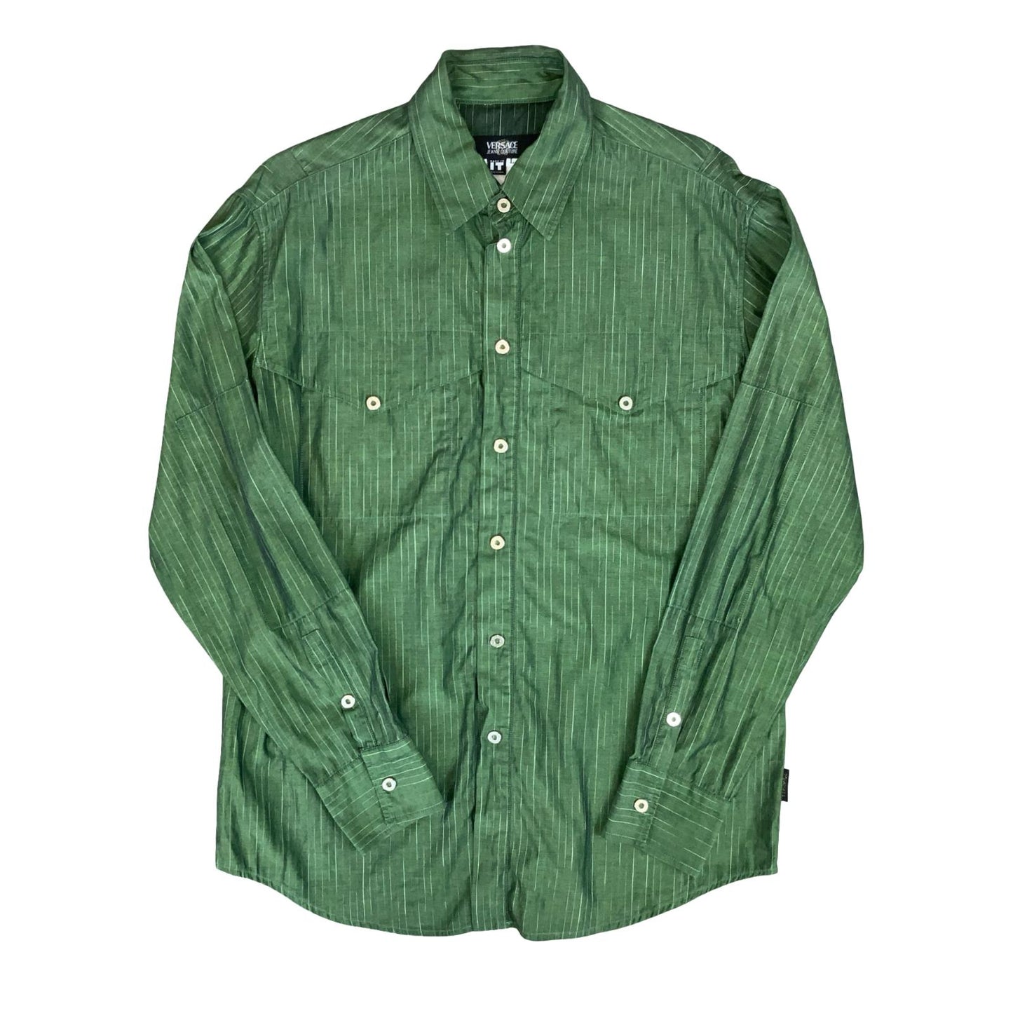 VTG 90s 'VERSACE JEANS COUTURE' GREEN PIN-STRIPE RARE LONG-SLEEVED SHIRT XL