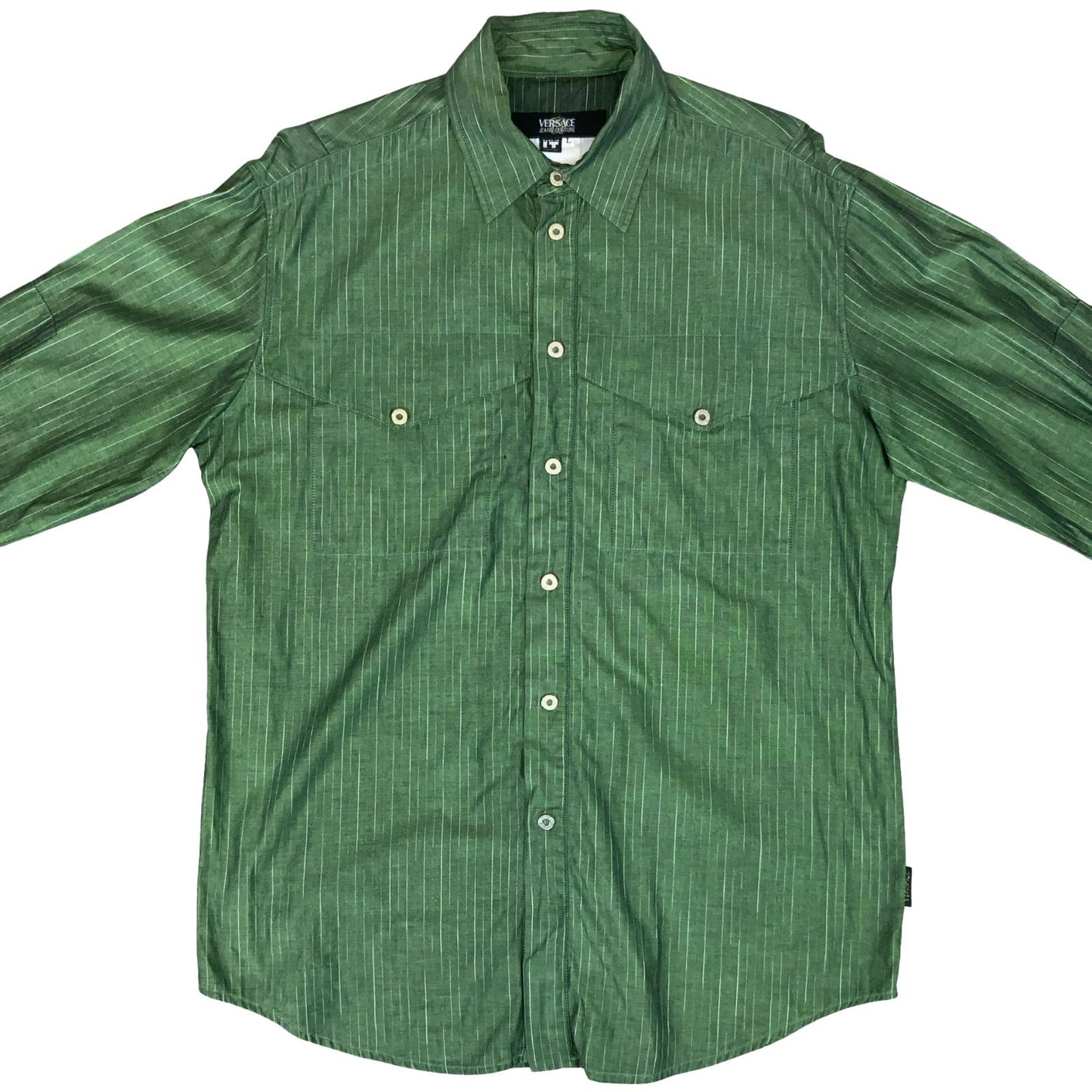VTG 90s 'VERSACE JEANS COUTURE' GREEN PIN-STRIPE RARE LONG-SLEEVED SHIRT XL