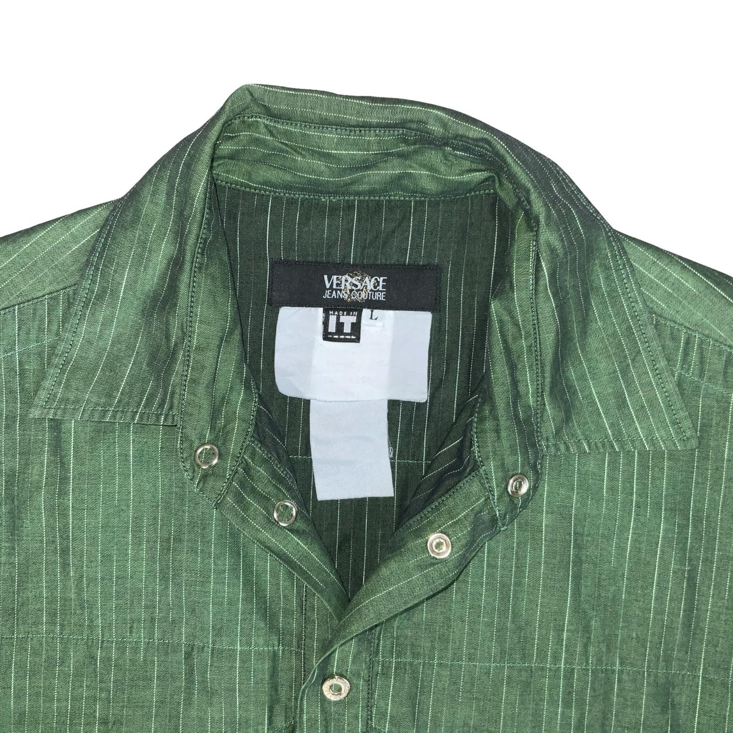 VTG 90s 'VERSACE JEANS COUTURE' GREEN PIN-STRIPE RARE LONG-SLEEVED SHIRT XL