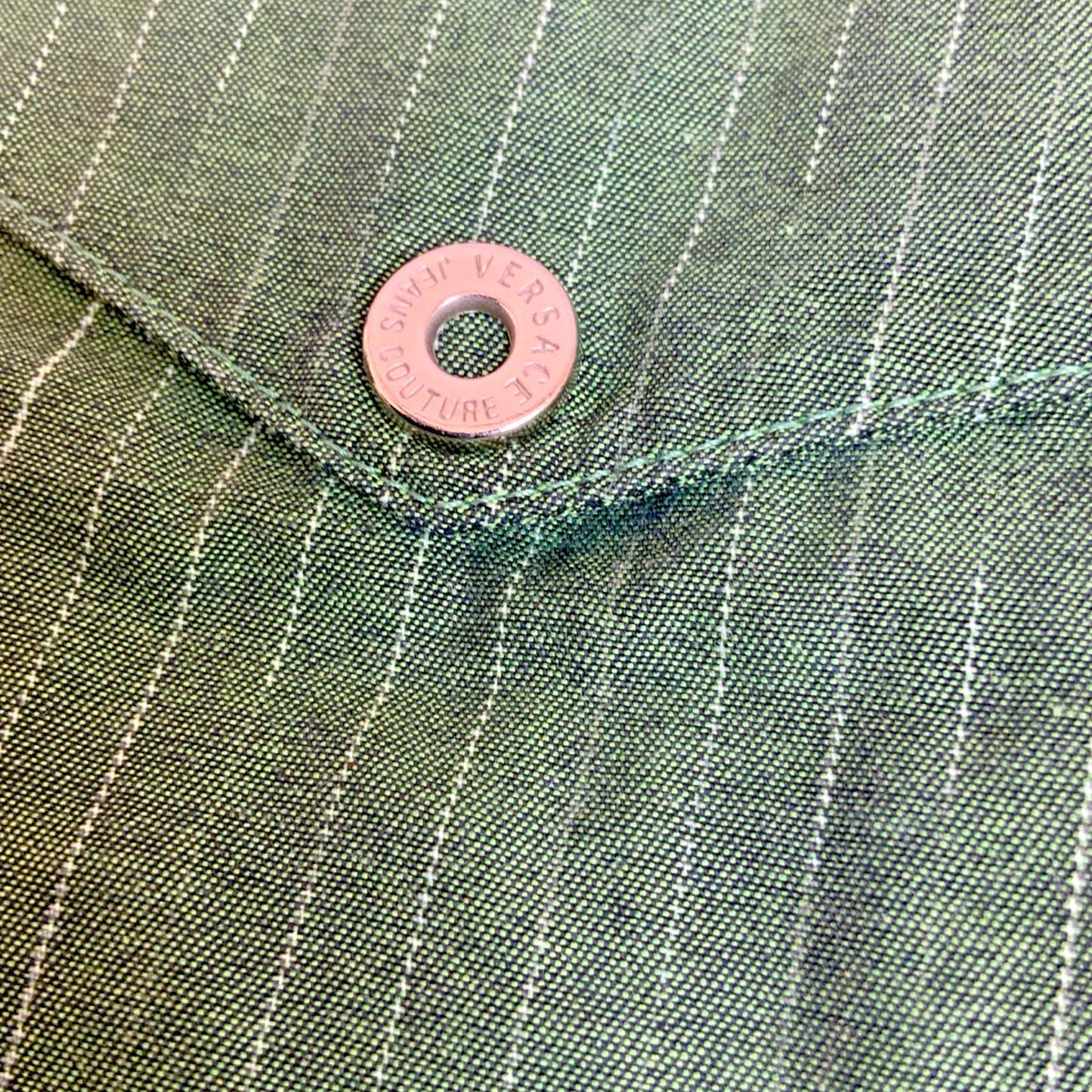 VTG 90s 'VERSACE JEANS COUTURE' GREEN PIN-STRIPE RARE LONG-SLEEVED SHIRT XL