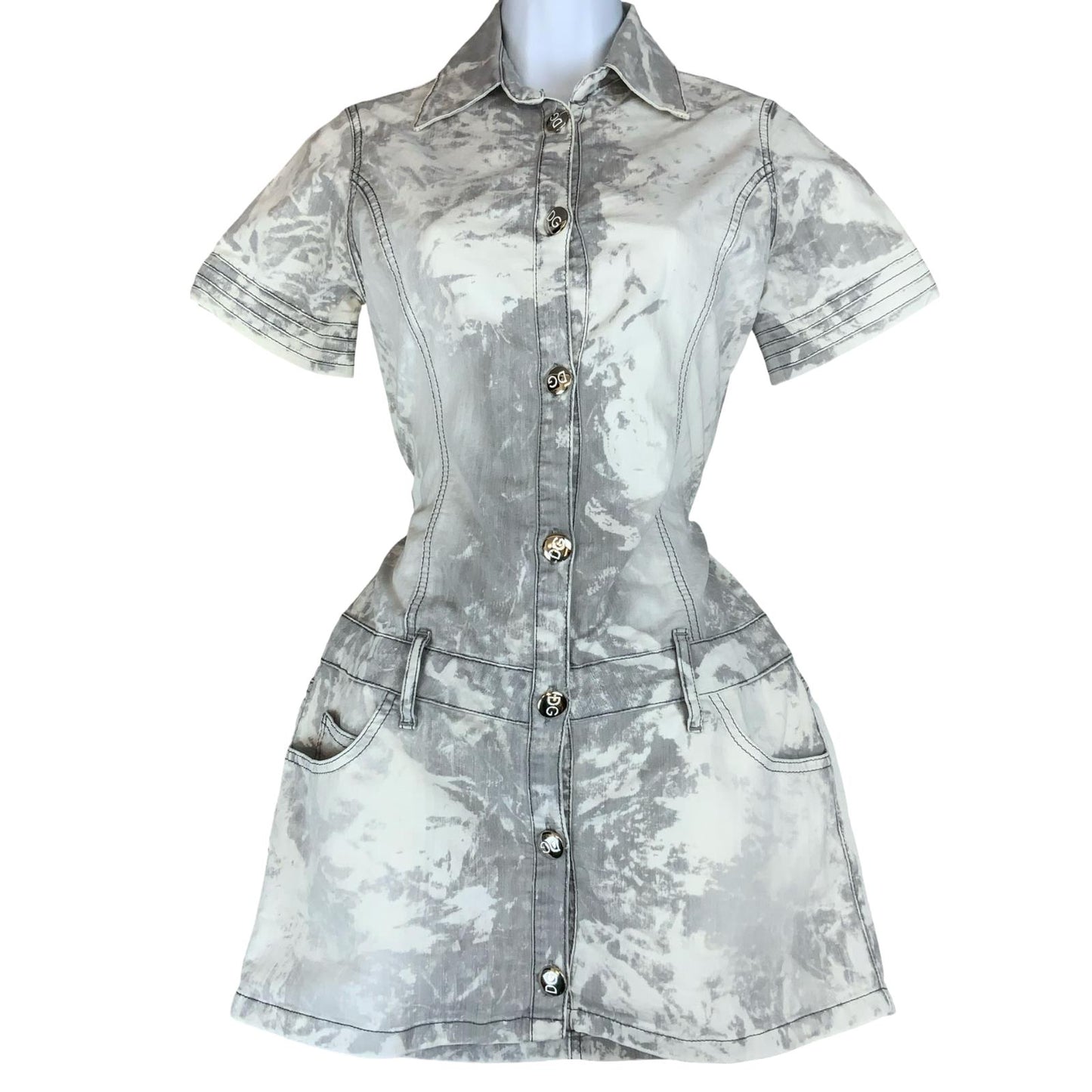 90S Y2K 'DOLCE & GABANNA' CARGO GREY WHITE TIE-DYE GRUNGE MINI DENIM DRESS S 10