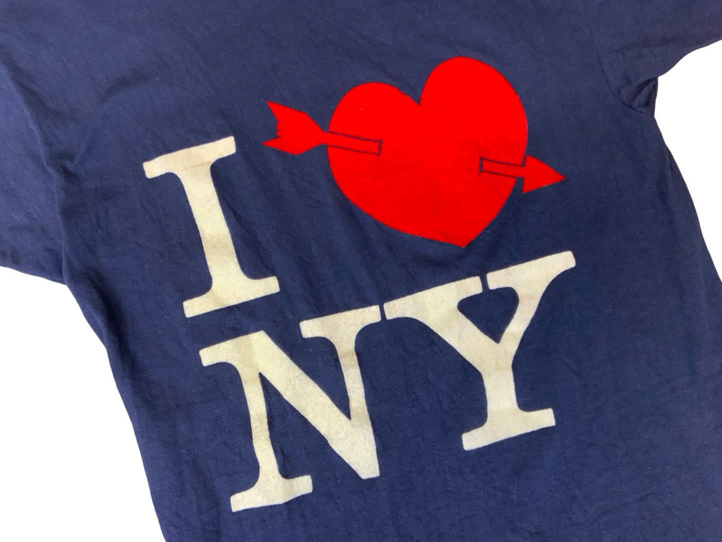 VTG USA 1980s SINGLE STITCH T SHIRT FLOCK PRINT I LOVE NEW YORK NY ARTEX BLUE XS