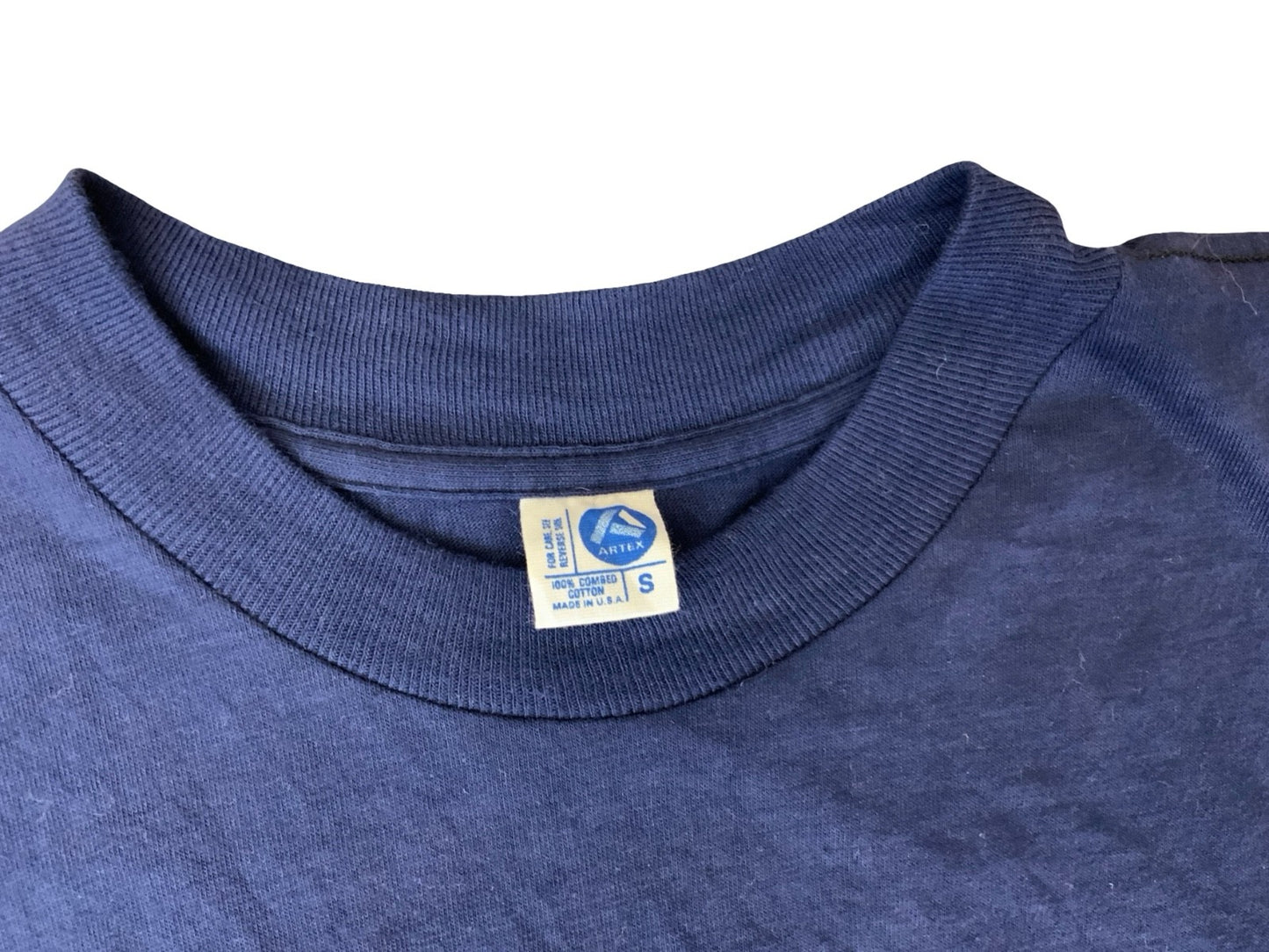 VTG USA 1980s SINGLE STITCH T SHIRT FLOCK PRINT I LOVE NEW YORK NY ARTEX BLUE XS