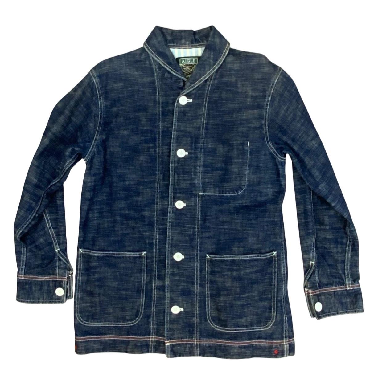VTG US NAVY STYLE 'AIGLE' SHAWL COLLAR INDIGO DENIM CHORE JACKET ROCKABILLY M