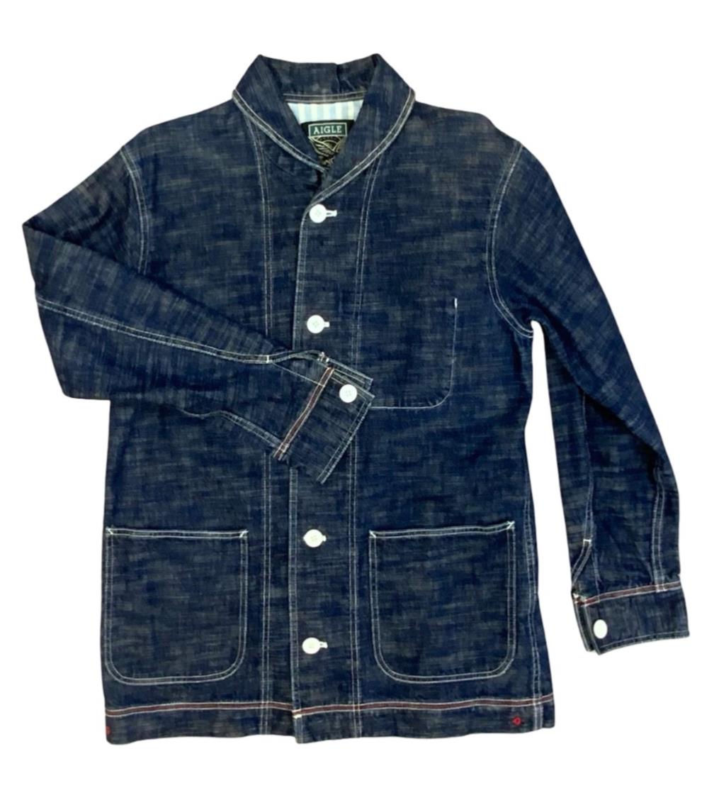 VTG US NAVY STYLE 'AIGLE' SHAWL COLLAR INDIGO DENIM CHORE JACKET ROCKABILLY M