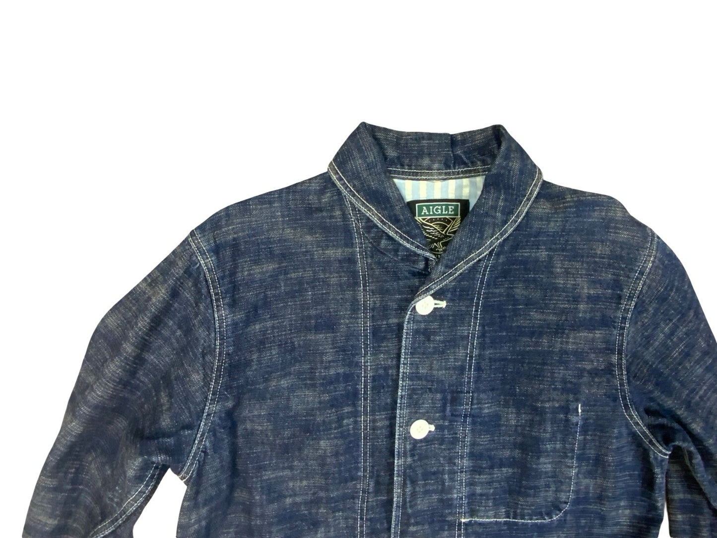 VTG US NAVY STYLE 'AIGLE' SHAWL COLLAR INDIGO DENIM CHORE JACKET ROCKABILLY M