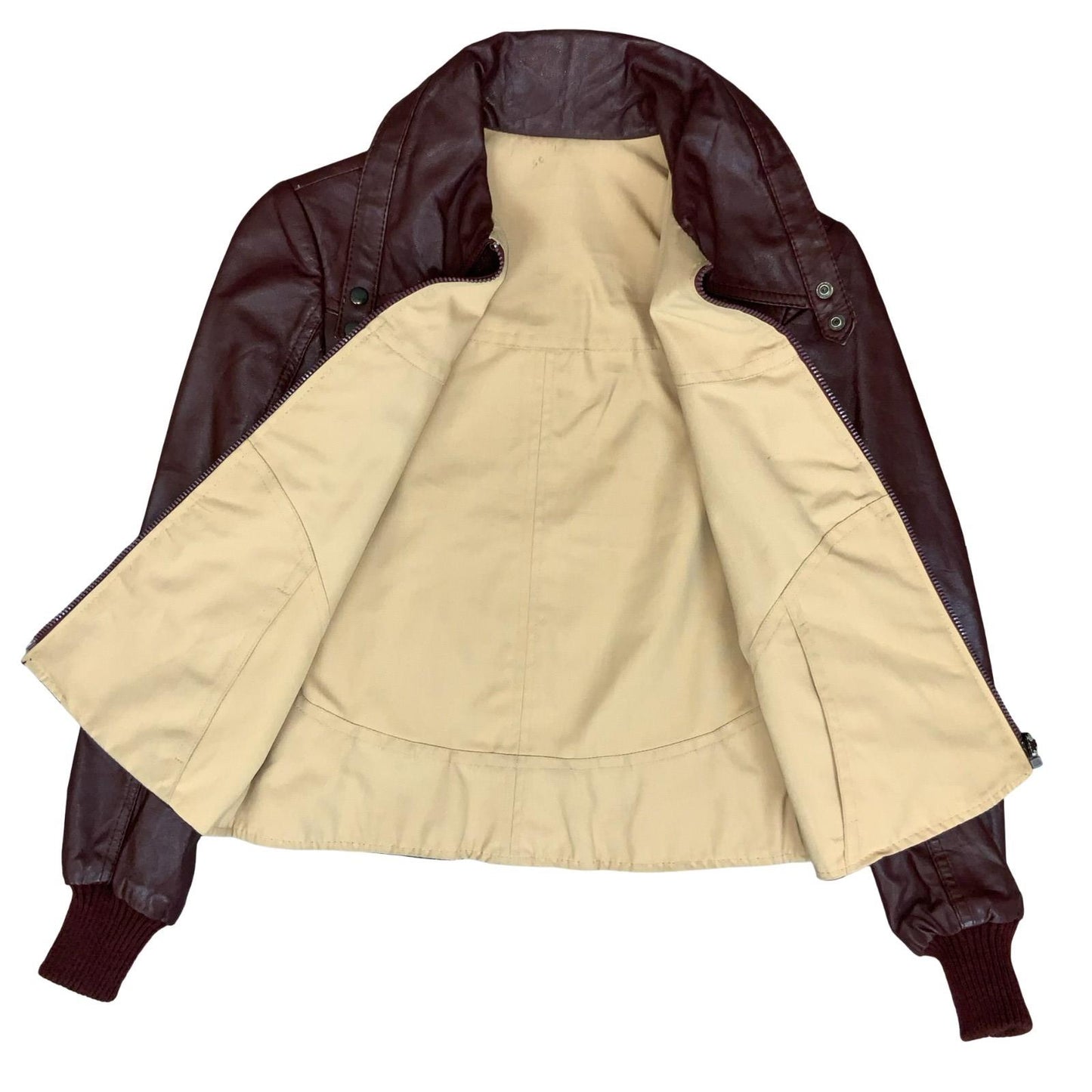 VTG 70s 80s SLIT END LTD BURGUNDY CREAM REVERSIBLE CROPPED LEATHER JACKET SMALL