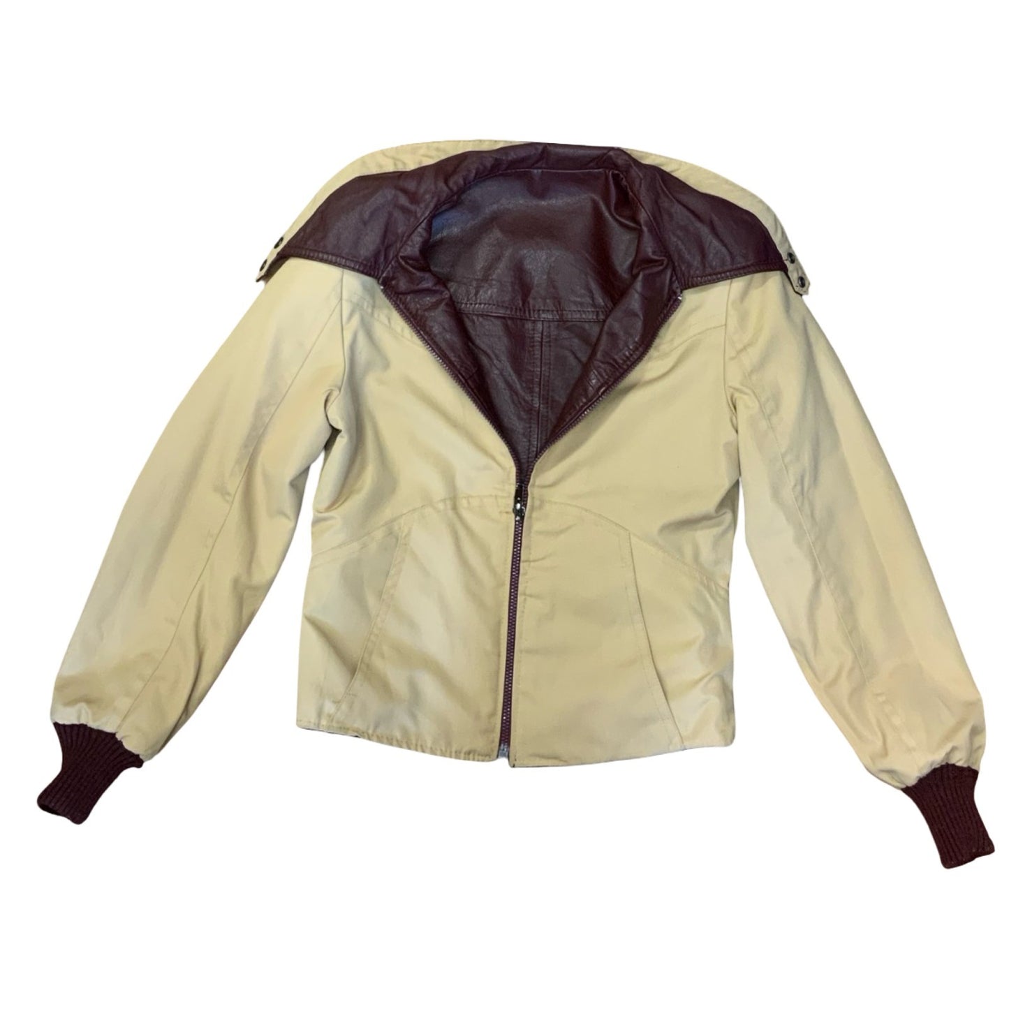 VTG 70s 80s SLIT END LTD BURGUNDY CREAM REVERSIBLE CROPPED LEATHER JACKET SMALL