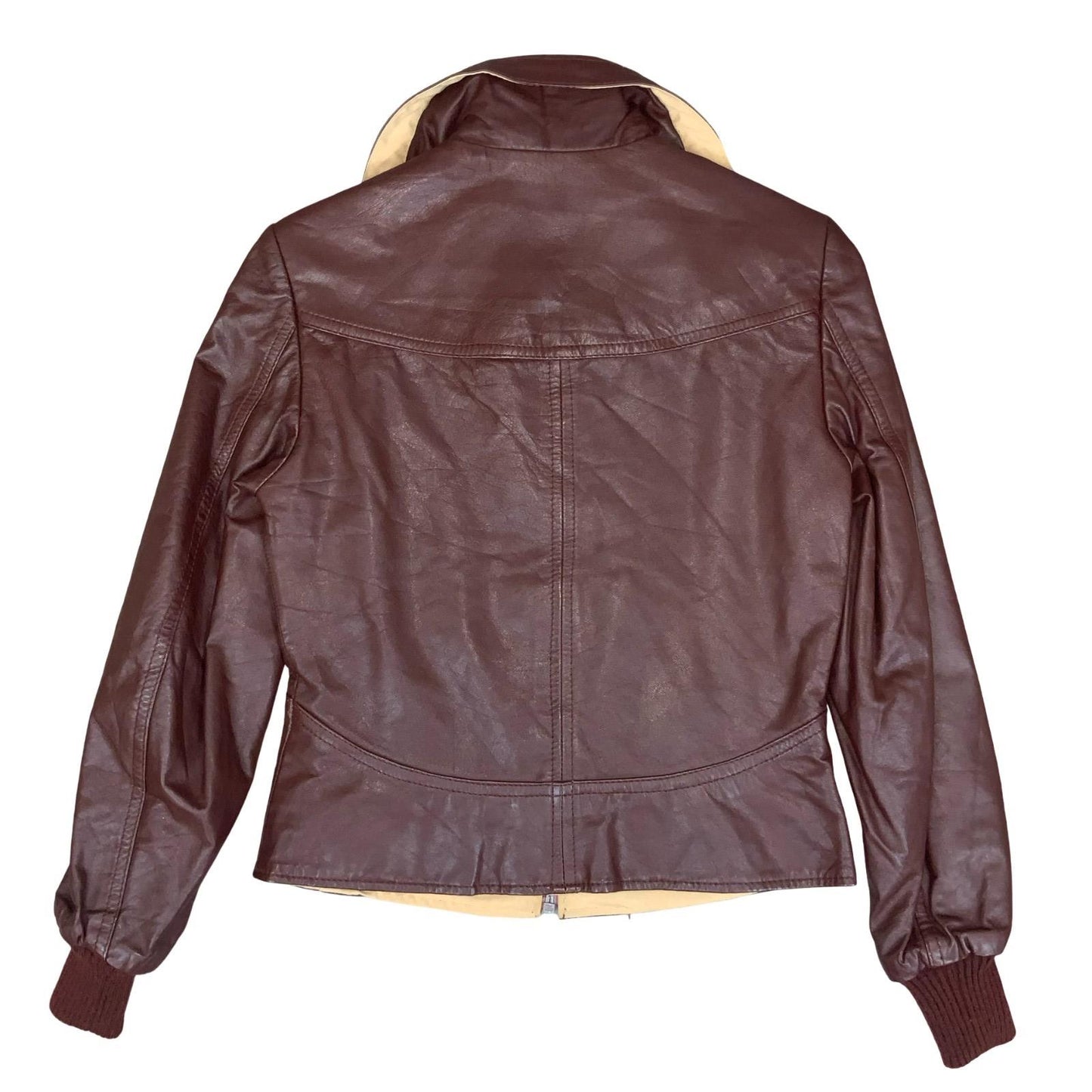 VTG 70s 80s SLIT END LTD BURGUNDY CREAM REVERSIBLE CROPPED LEATHER JACKET SMALL