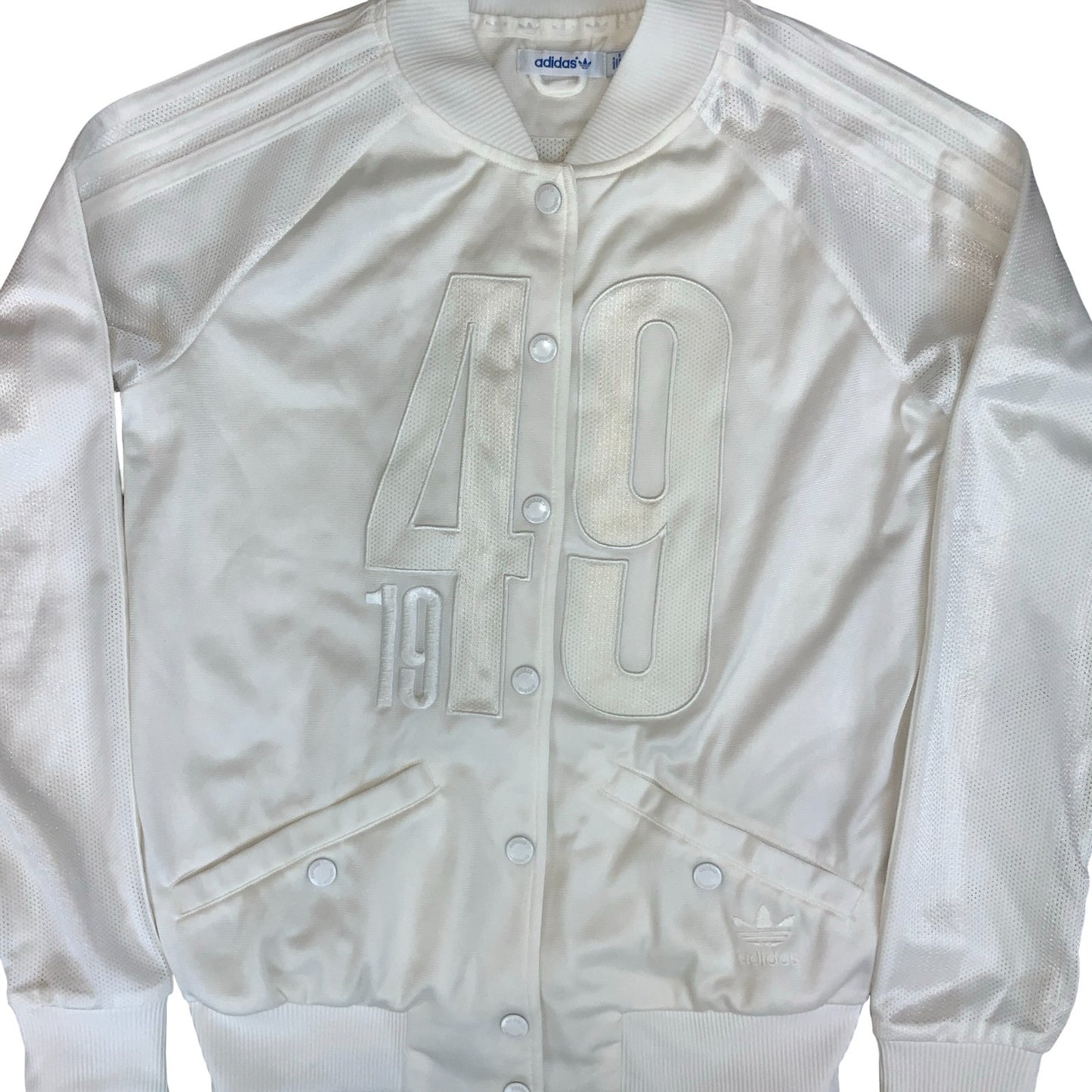 VTG 'ADIDAS' WHITE '1949' EMBOSSED SNAP BUTTON WOMENS BOMBER TRACK JACKET M 12