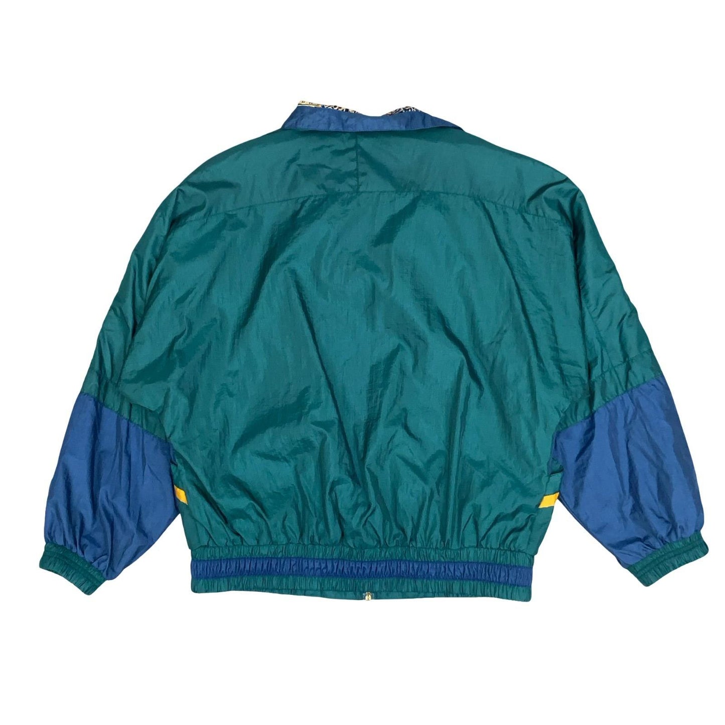 VTG 80s 'RIVER EDGE' YELLOW TEAL GREEN GEOMETRIC PATCHWORK WINDBREAKER JACKET XL
